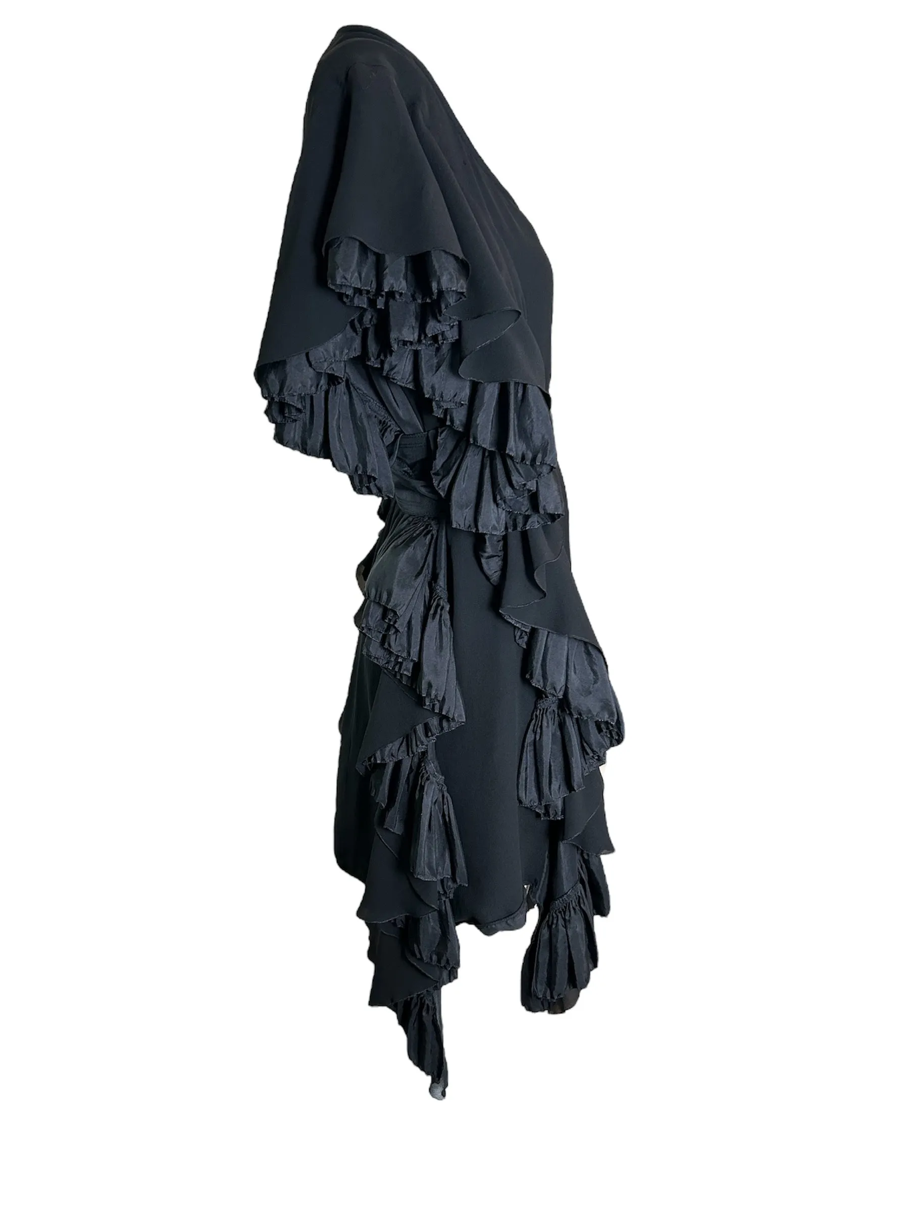 Robert Normand Early 2000s Avant-Garde Ruffle Black Belted Dress