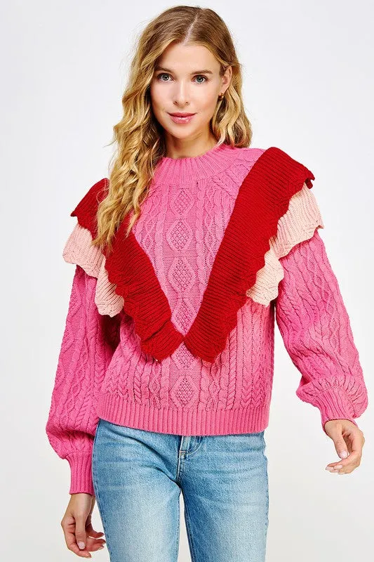 Rose/Rust/Peach Contrast Ruffled Accent Cable Knit Sweater