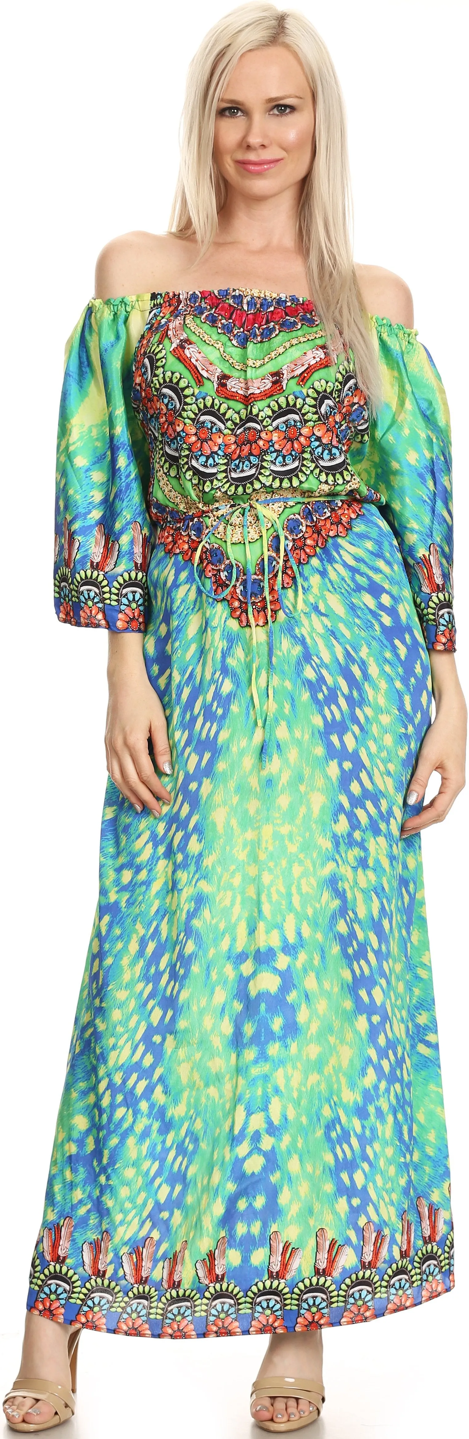 Sakkas Efiya Long Printed Kaftan Off The Shoulder Ruffled Tie-Waist Maxi Dress