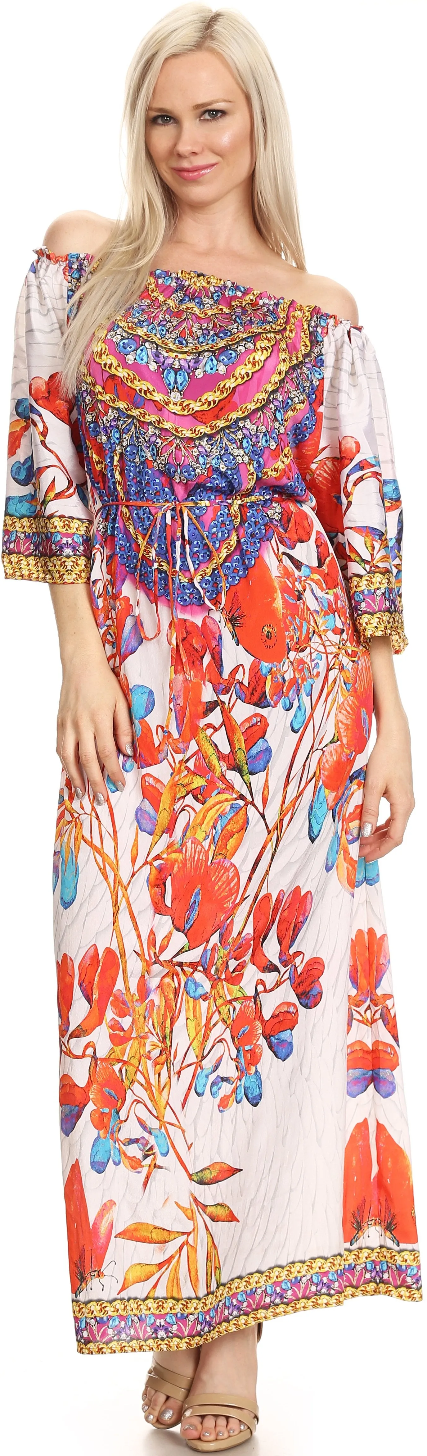 Sakkas Efiya Long Printed Kaftan Off The Shoulder Ruffled Tie-Waist Maxi Dress