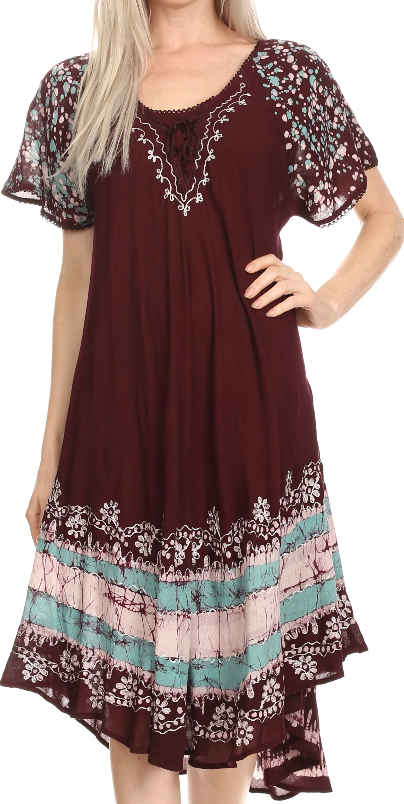 Sakkas Elisha Mid Length Batik Caftan Embroidered Cap Sleeves Floral Pattern