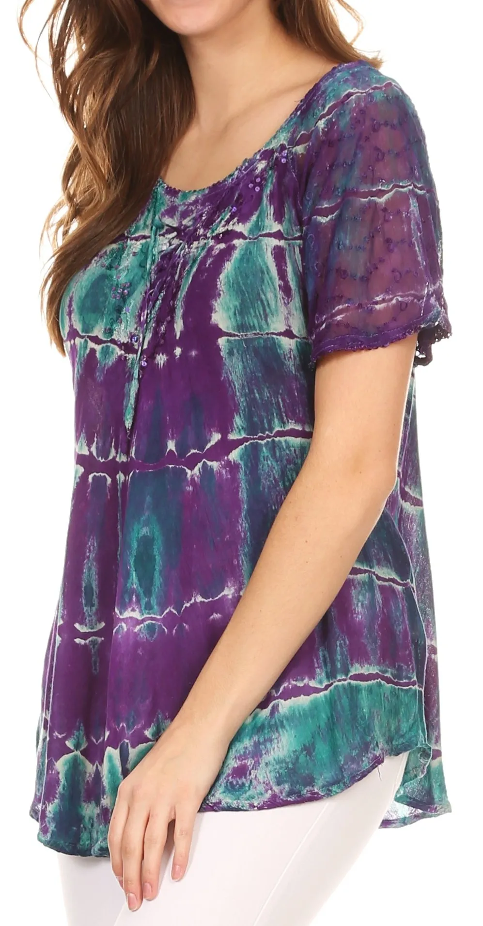 Sakkas Isayan Multi Color Embellished Tie Dye Sheer Cap Sleeve Tunic Top