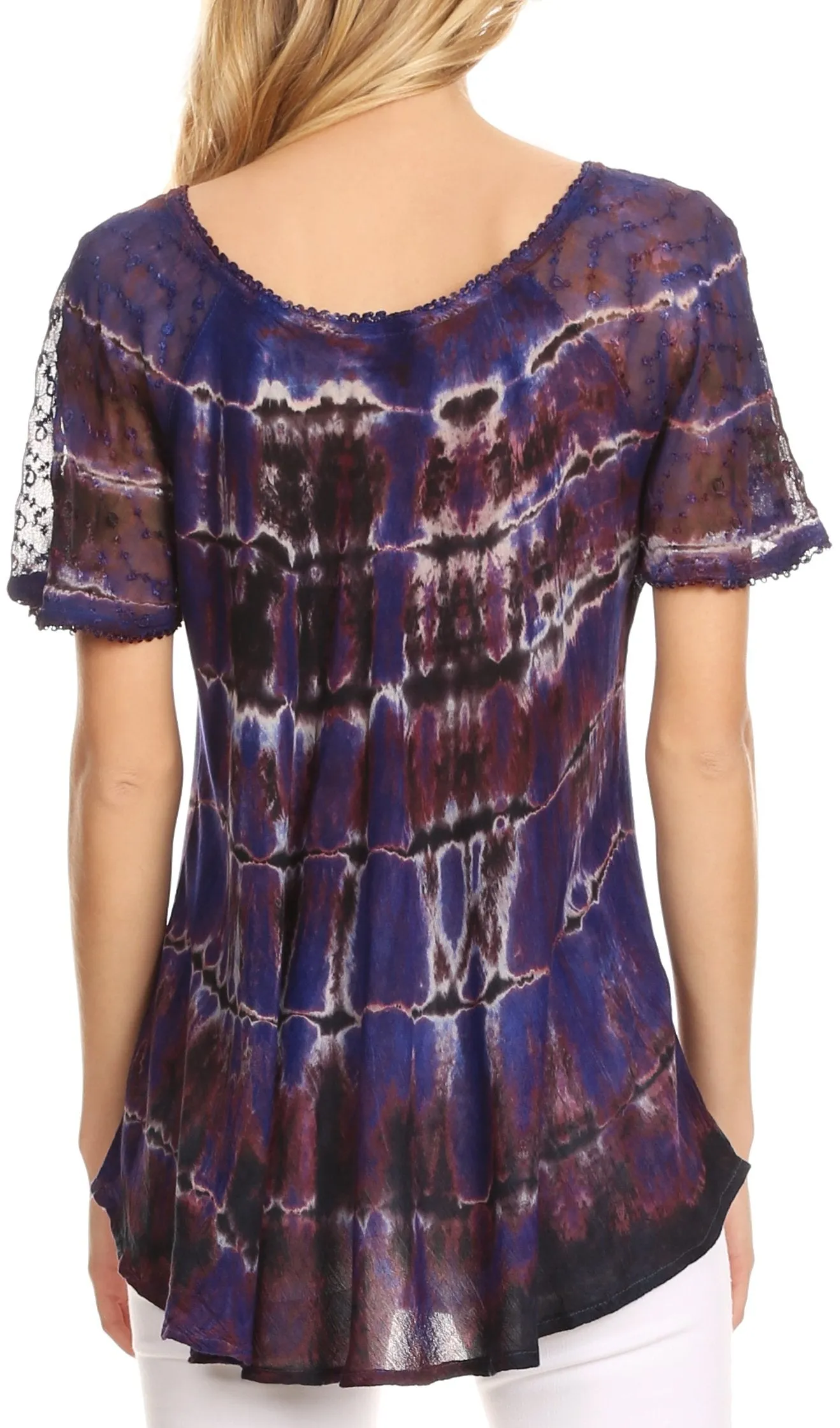 Sakkas Isayan Multi Color Embellished Tie Dye Sheer Cap Sleeve Tunic Top