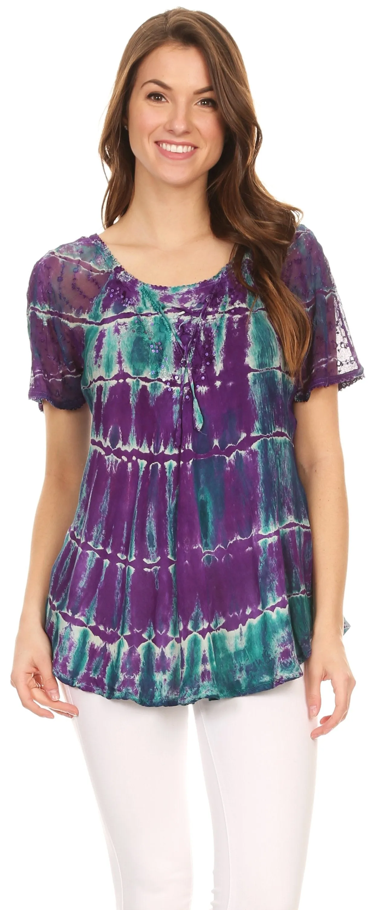 Sakkas Isayan Multi Color Embellished Tie Dye Sheer Cap Sleeve Tunic Top