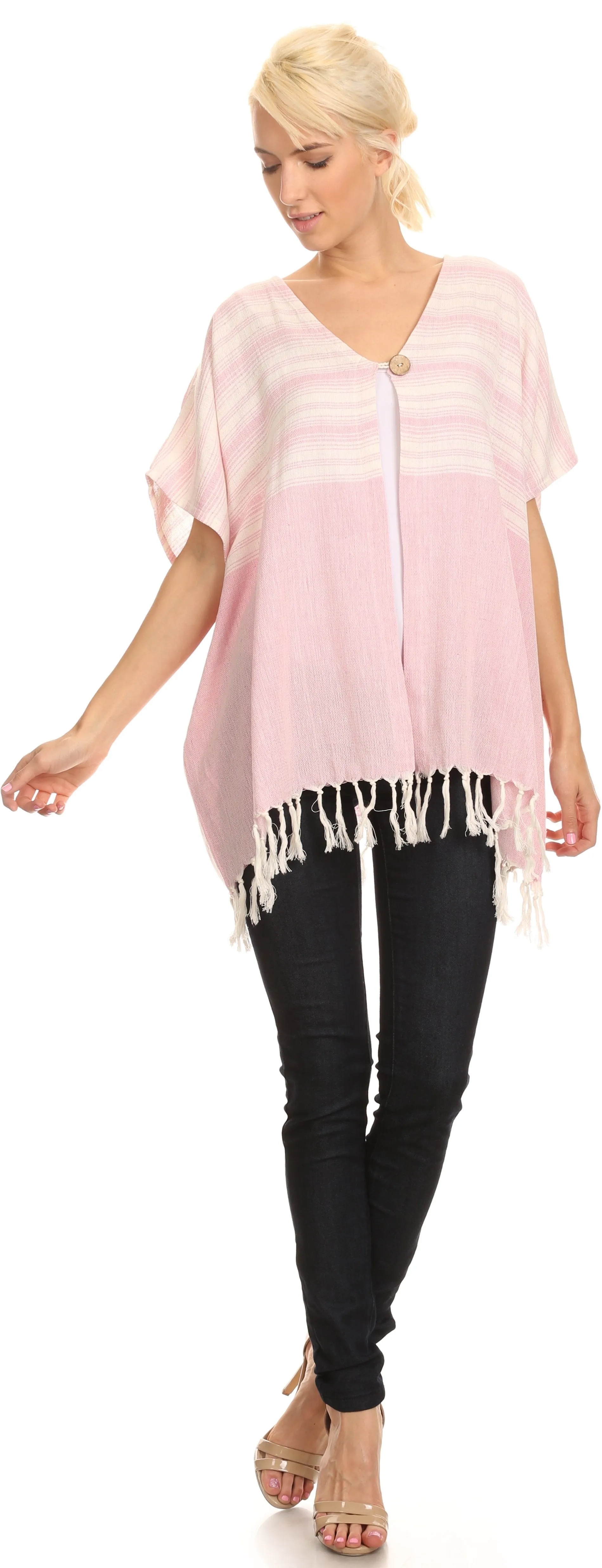 Sakkas Lisk Wide Mid Length Square Knit Fringe Open Button Up Shrug Cover Wrap