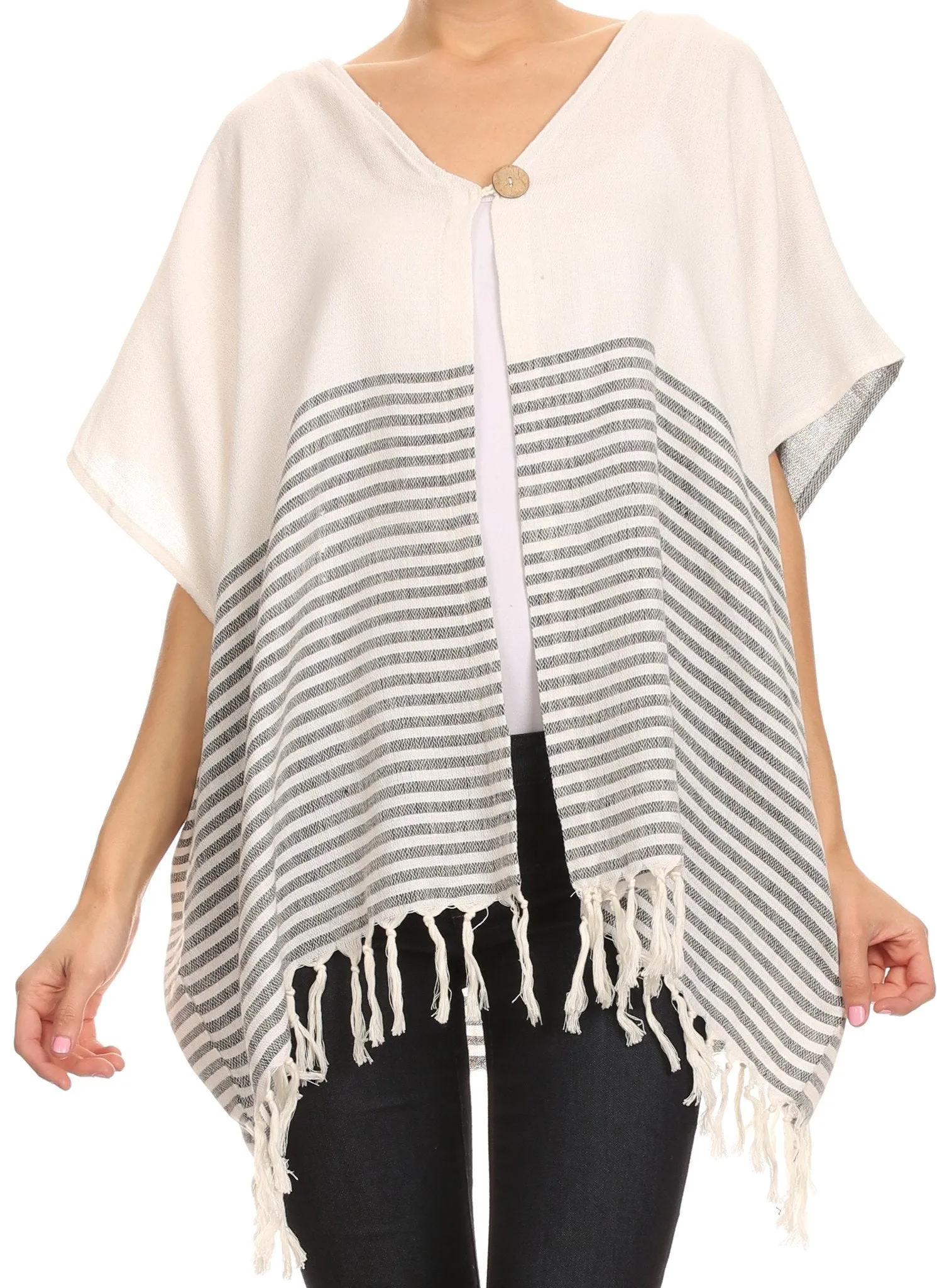 Sakkas Lisk Wide Mid Length Square Knit Fringe Open Button Up Shrug Cover Wrap