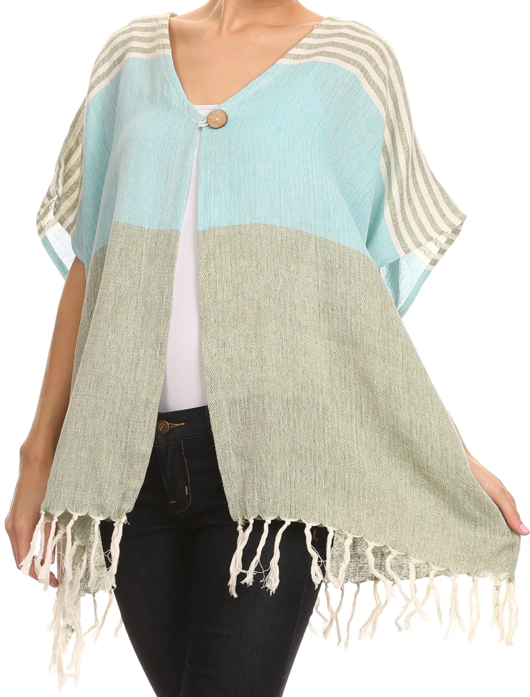 Sakkas Lisk Wide Mid Length Square Knit Fringe Open Button Up Shrug Cover Wrap