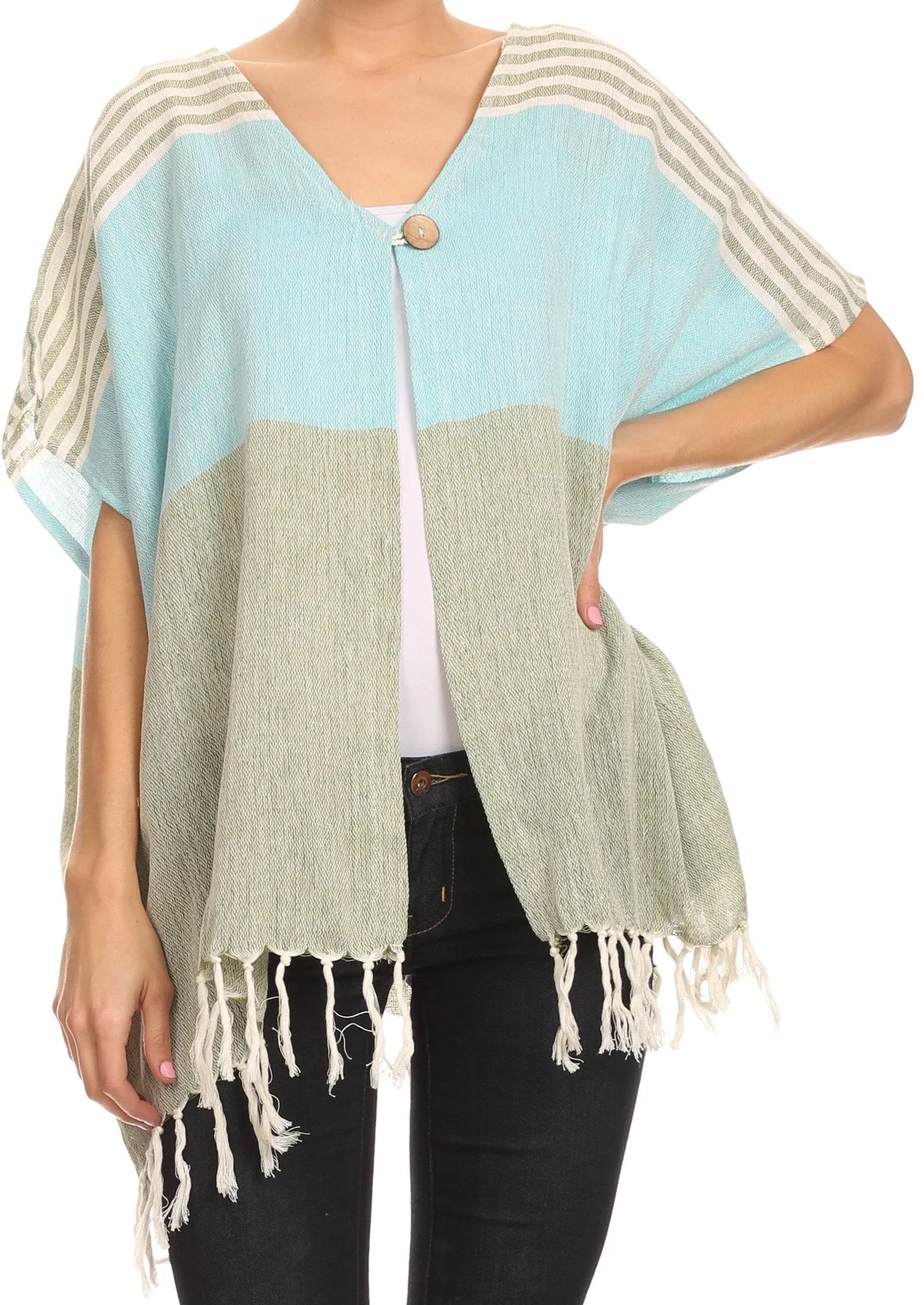 Sakkas Lisk Wide Mid Length Square Knit Fringe Open Button Up Shrug Cover Wrap