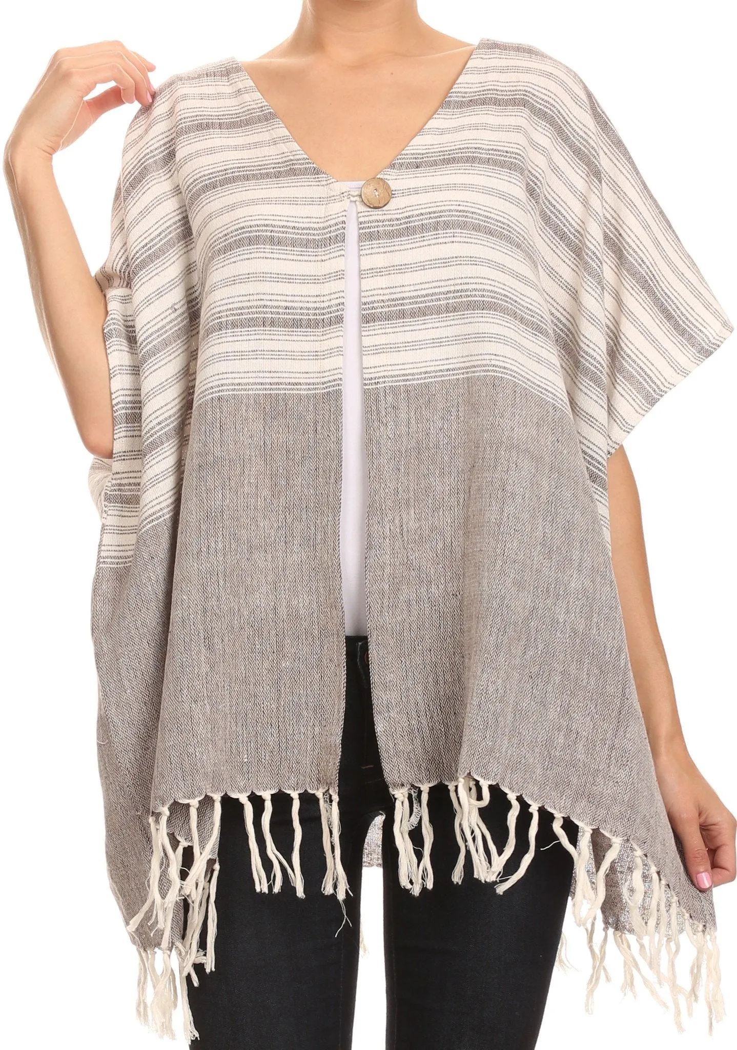 Sakkas Lisk Wide Mid Length Square Knit Fringe Open Button Up Shrug Cover Wrap