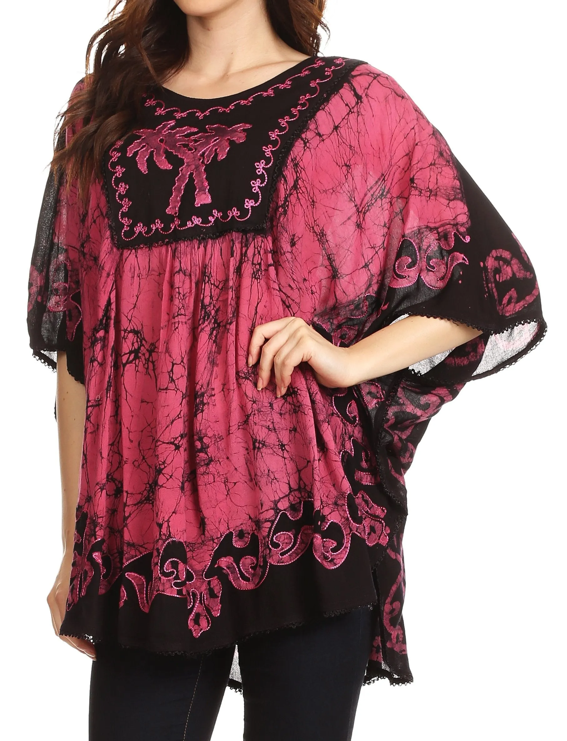 Sakkas Lynda Two Tone Batik Embroidered Palm Tree Peasant Top / Poncho