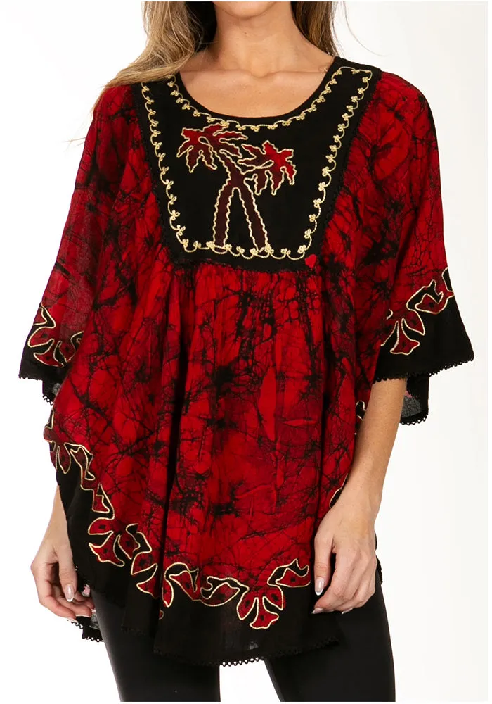 Sakkas Lynda Two Tone Batik Embroidered Palm Tree Peasant Top / Poncho