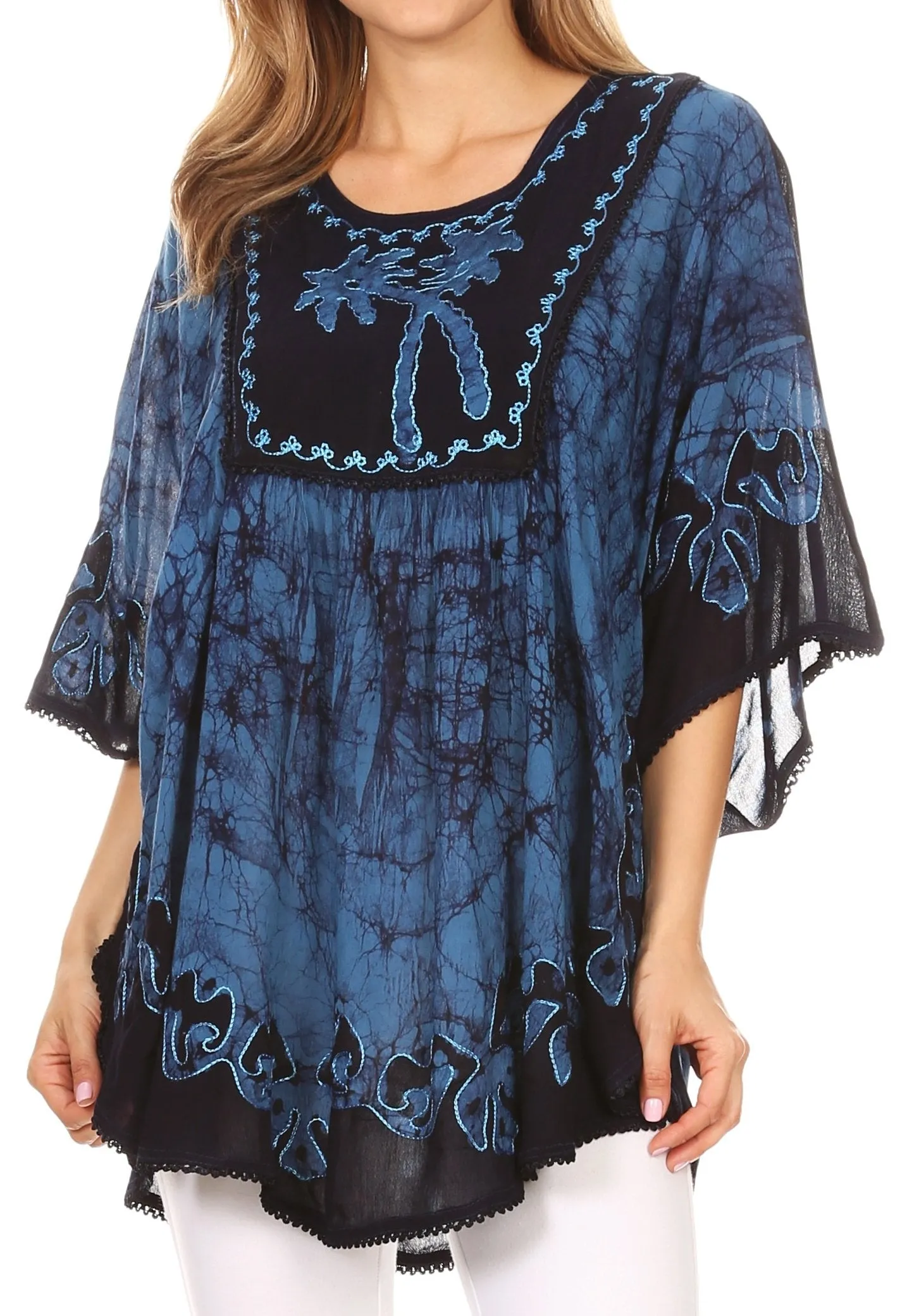 Sakkas Lynda Two Tone Batik Embroidered Palm Tree Peasant Top / Poncho