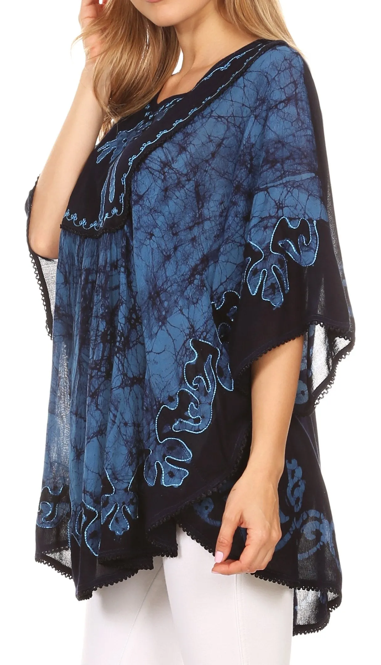 Sakkas Lynda Two Tone Batik Embroidered Palm Tree Peasant Top / Poncho