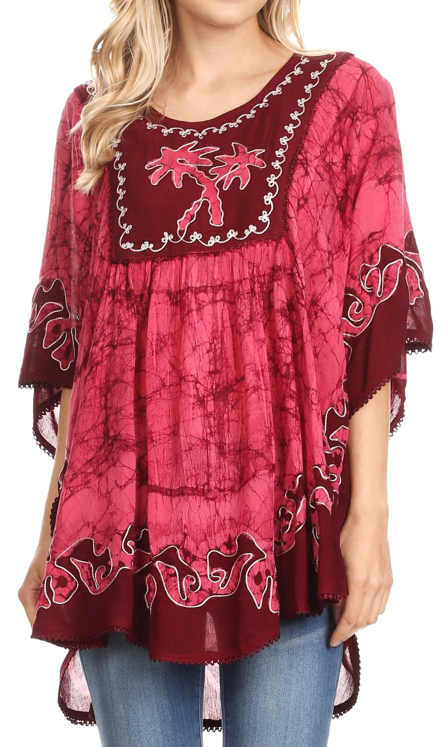 Sakkas Lynda Two Tone Batik Embroidered Palm Tree Peasant Top / Poncho