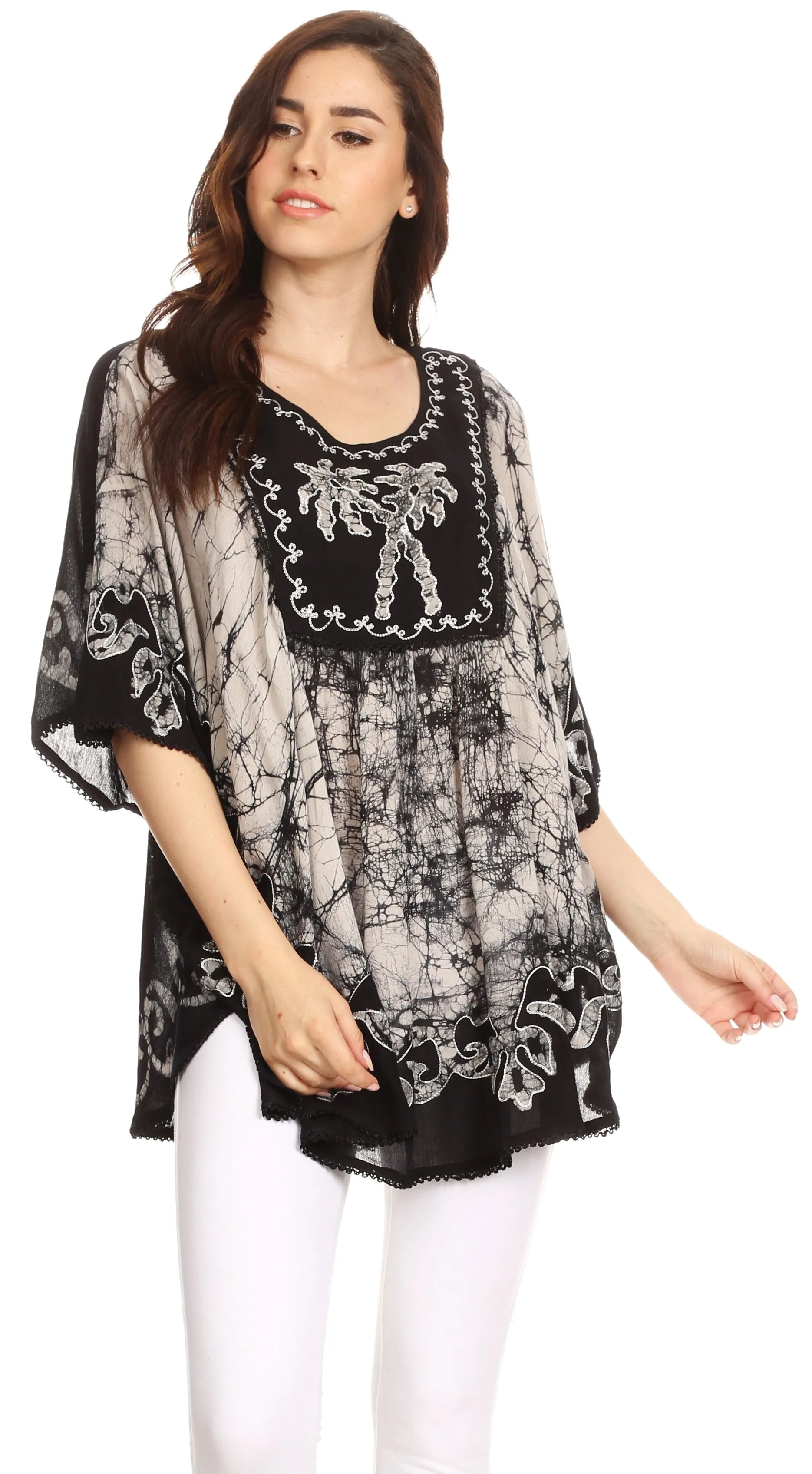 Sakkas Lynda Two Tone Batik Embroidered Palm Tree Peasant Top / Poncho