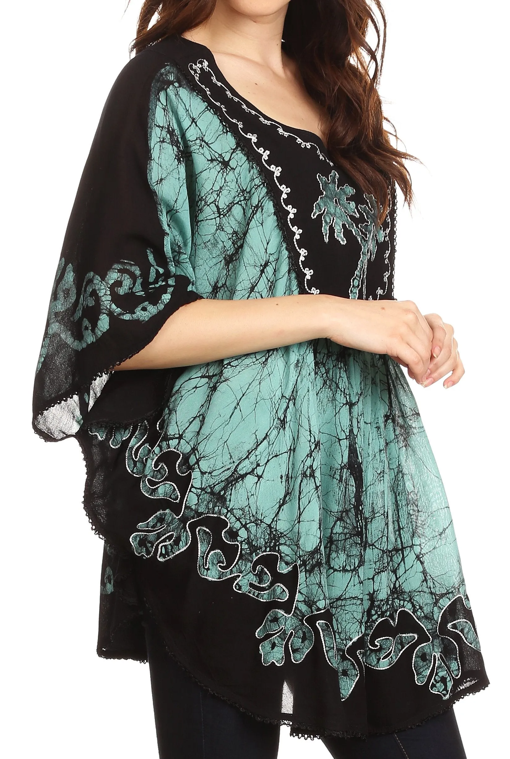 Sakkas Lynda Two Tone Batik Embroidered Palm Tree Peasant Top / Poncho