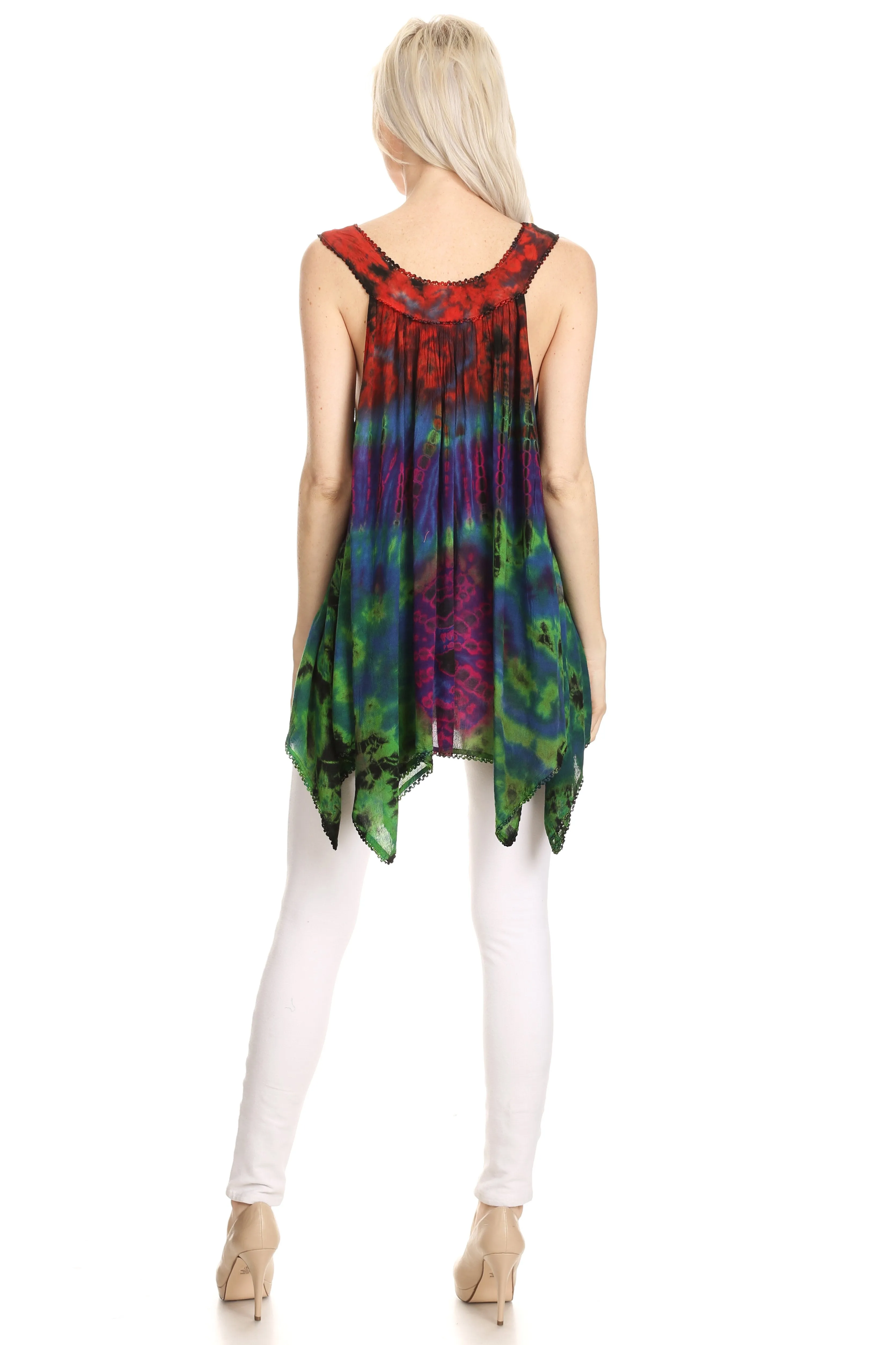 Sakkas Nalu Sleeveless Relaxed Fit Multi Color Tie Dye V-Neck Blouse | Cover Up