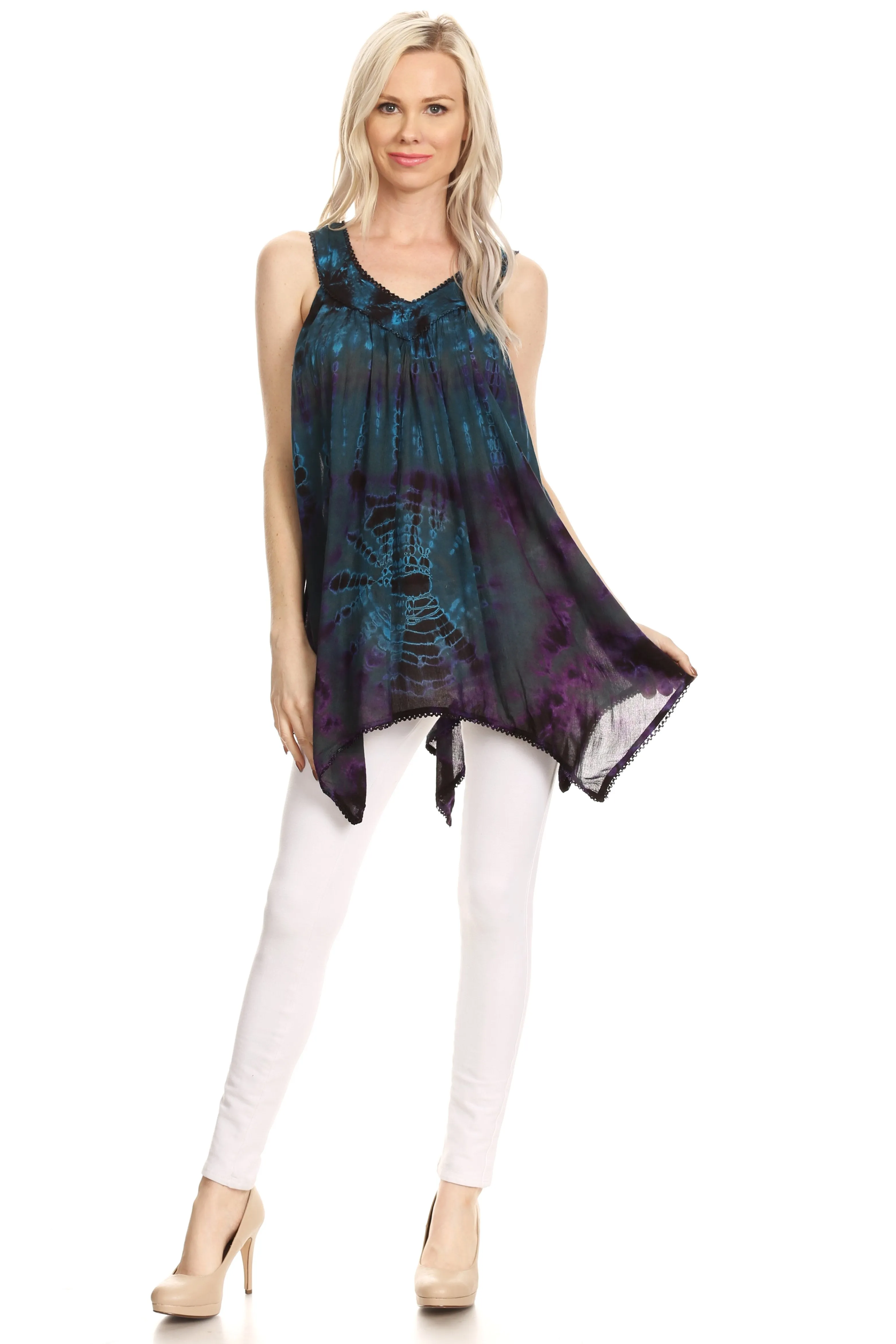 Sakkas Nalu Sleeveless Relaxed Fit Multi Color Tie Dye V-Neck Blouse | Cover Up