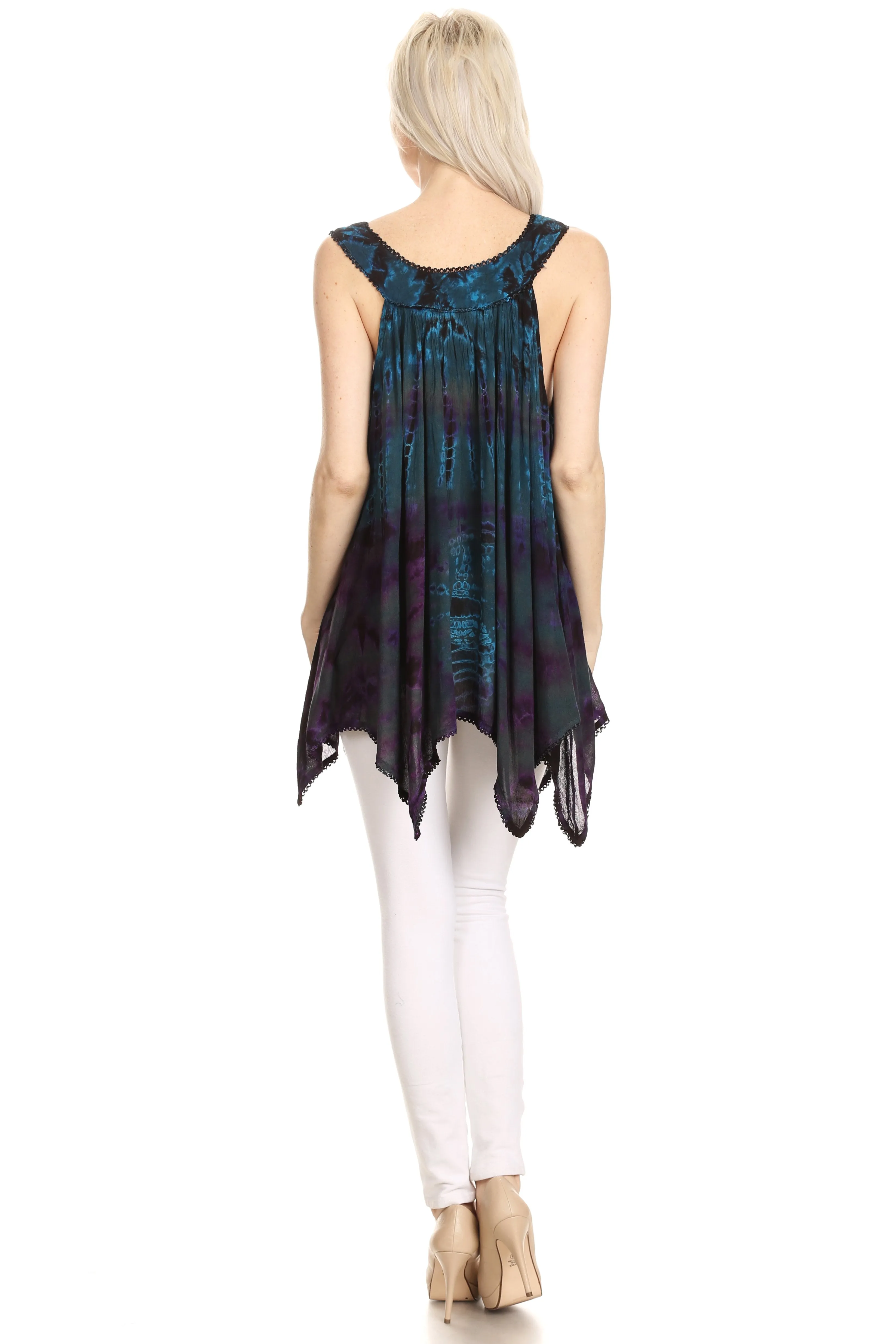 Sakkas Nalu Sleeveless Relaxed Fit Multi Color Tie Dye V-Neck Blouse | Cover Up