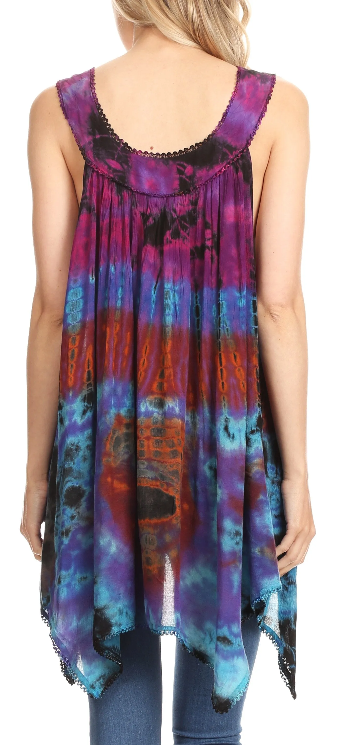 Sakkas Nalu Sleeveless Relaxed Fit Multi Color Tie Dye V-Neck Blouse | Cover Up