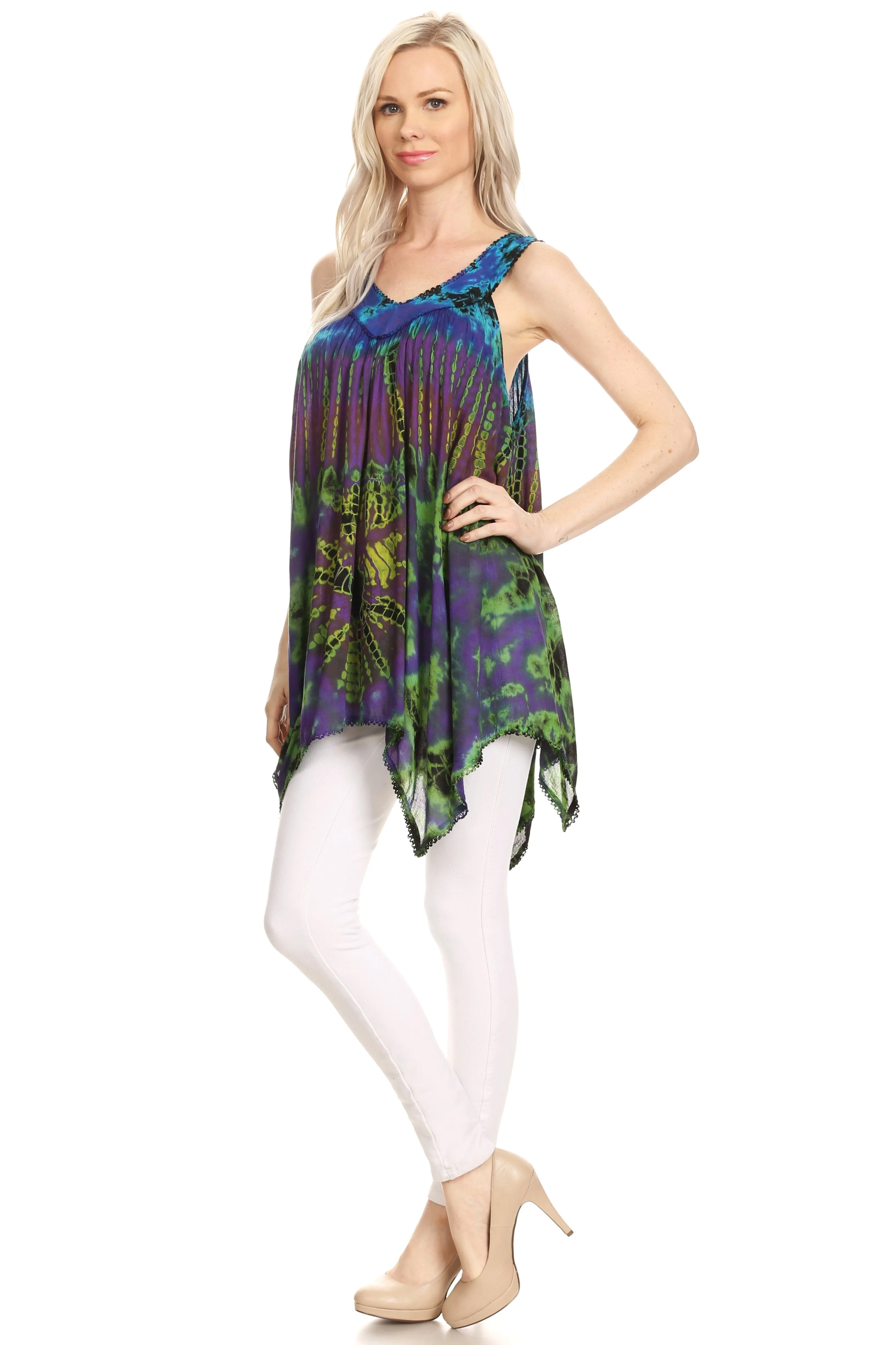 Sakkas Nalu Sleeveless Relaxed Fit Multi Color Tie Dye V-Neck Blouse | Cover Up