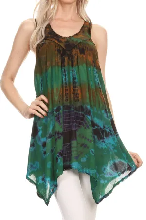 Sakkas Nalu Sleeveless Relaxed Fit Multi Color Tie Dye V-Neck Blouse | Cover Up