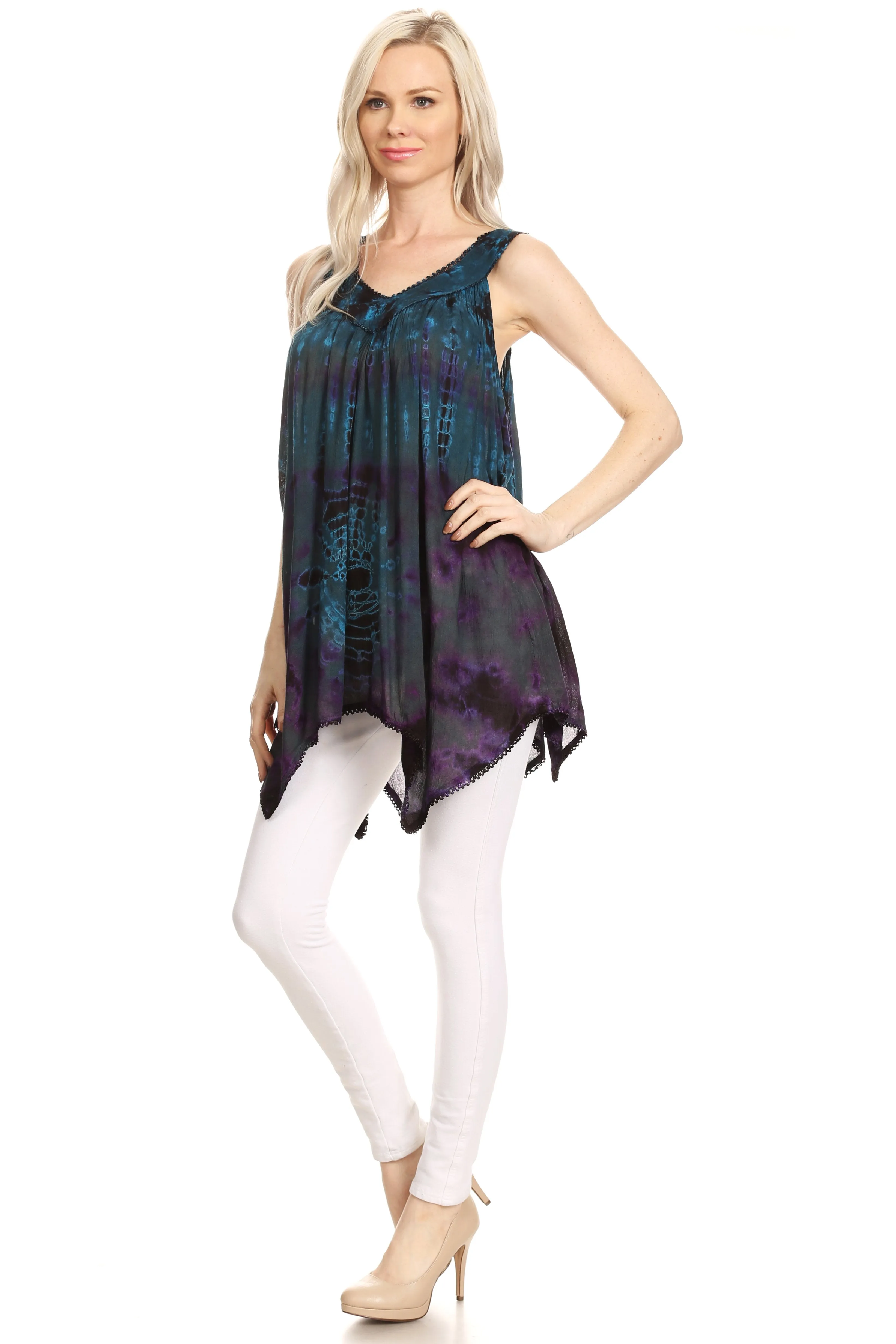 Sakkas Nalu Sleeveless Relaxed Fit Multi Color Tie Dye V-Neck Blouse | Cover Up