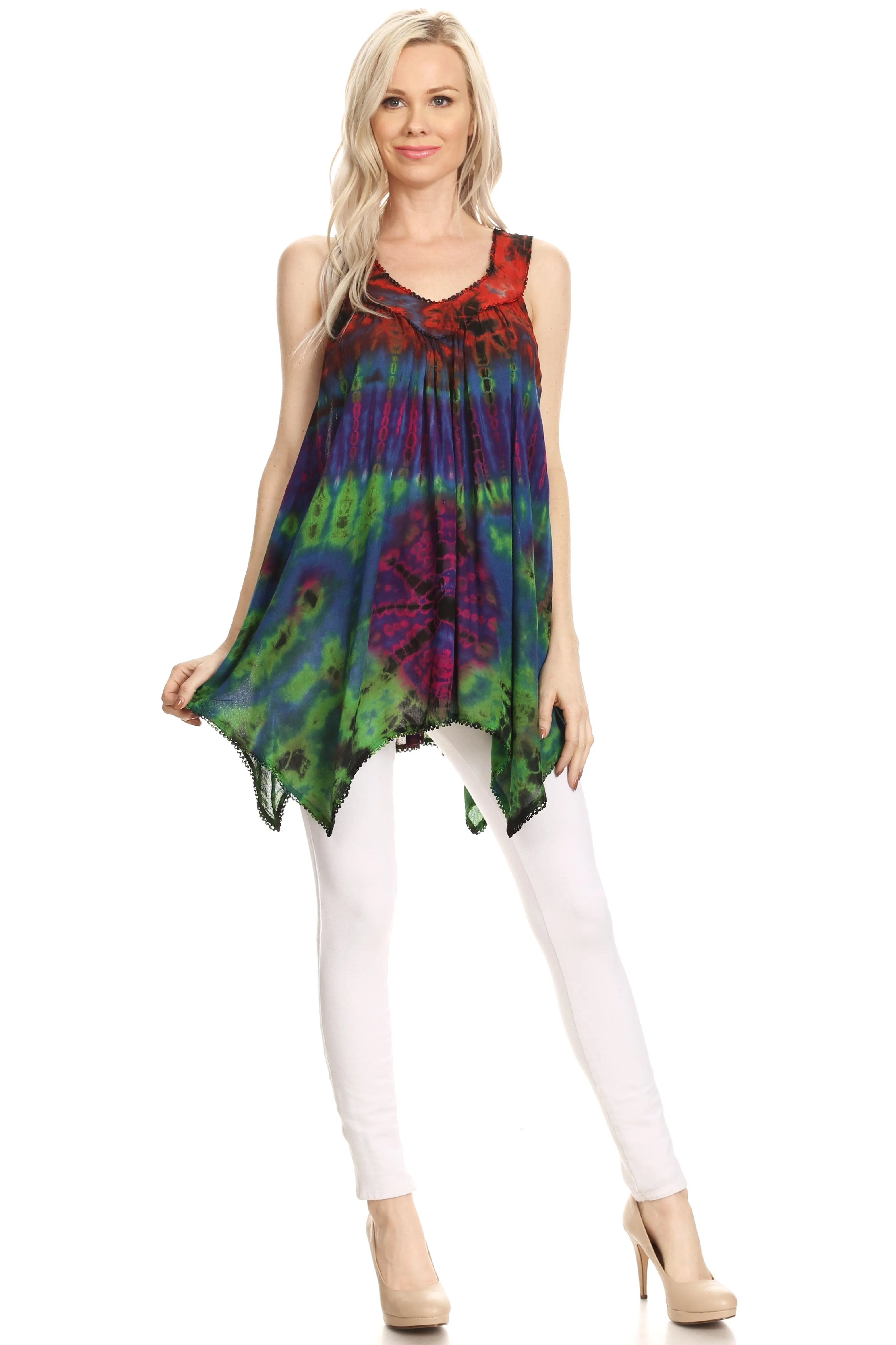 Sakkas Nalu Sleeveless Relaxed Fit Multi Color Tie Dye V-Neck Blouse | Cover Up