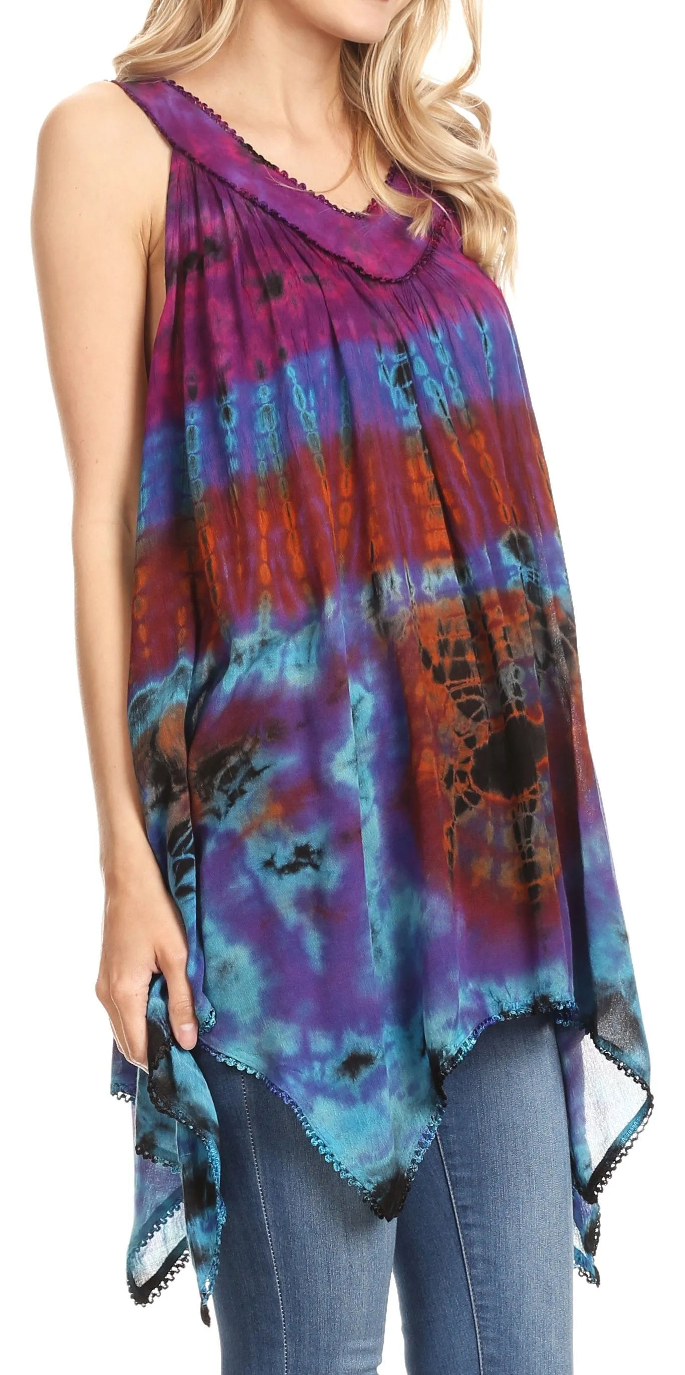 Sakkas Nalu Sleeveless Relaxed Fit Multi Color Tie Dye V-Neck Blouse | Cover Up