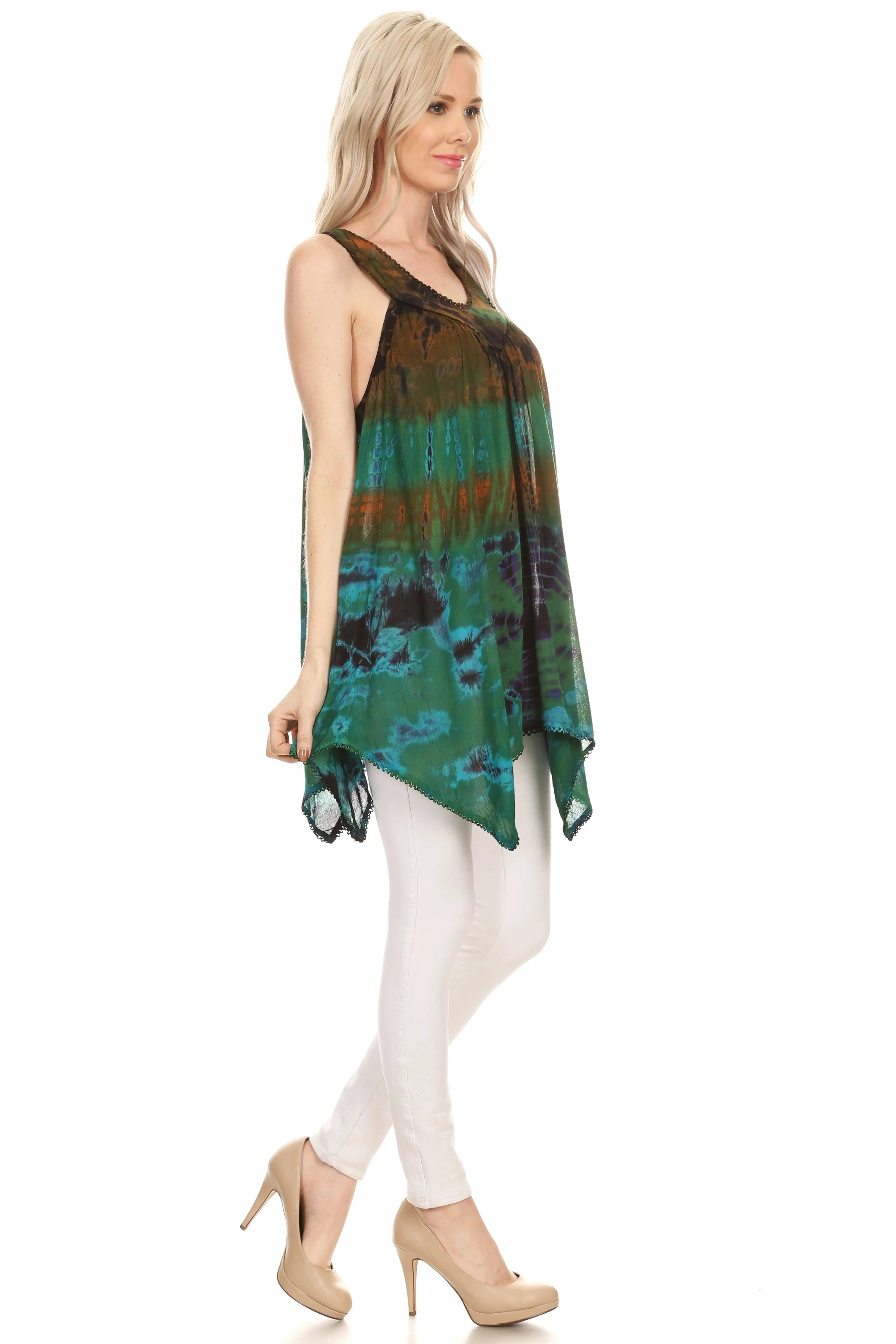 Sakkas Nalu Sleeveless Relaxed Fit Multi Color Tie Dye V-Neck Blouse | Cover Up