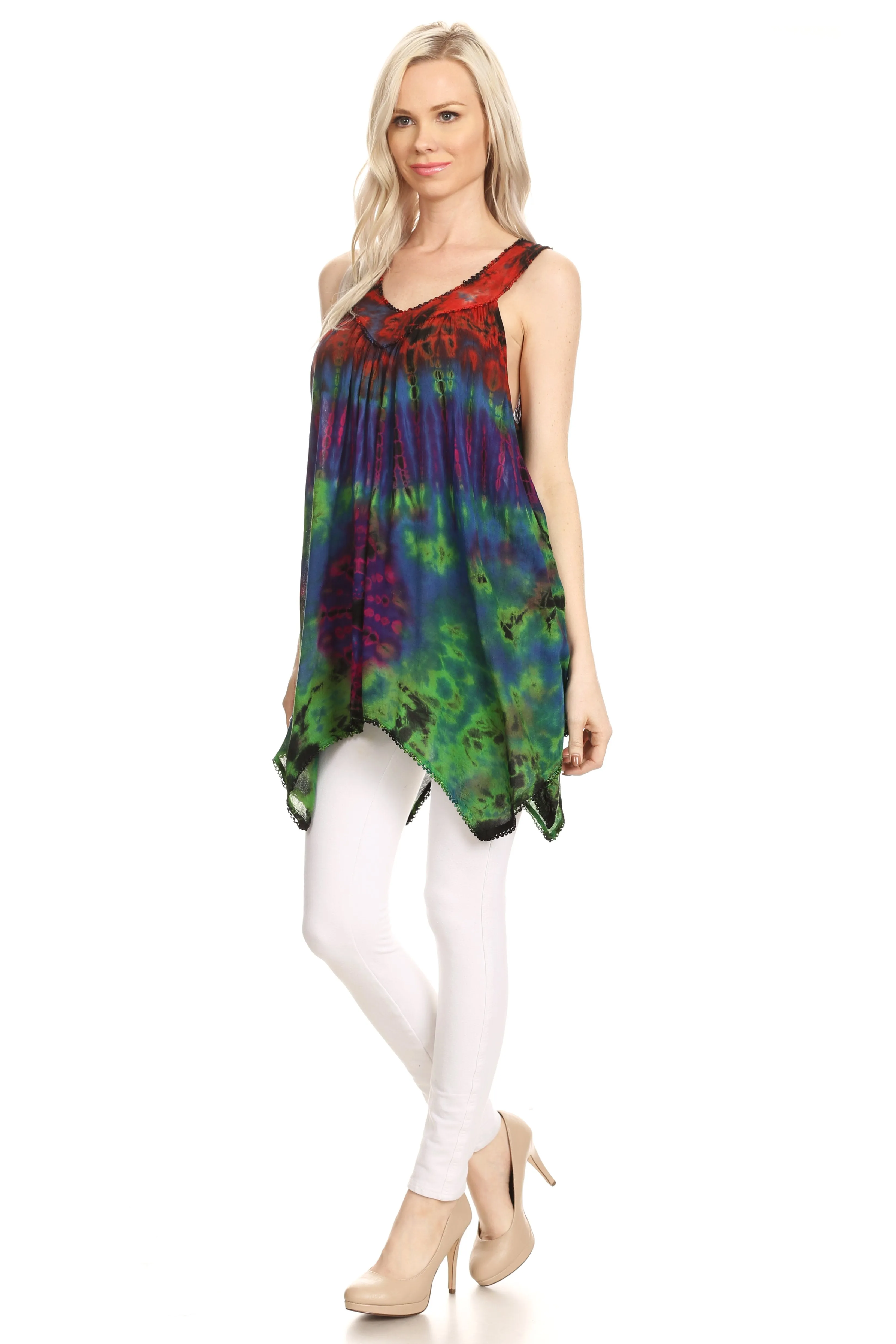 Sakkas Nalu Sleeveless Relaxed Fit Multi Color Tie Dye V-Neck Blouse | Cover Up