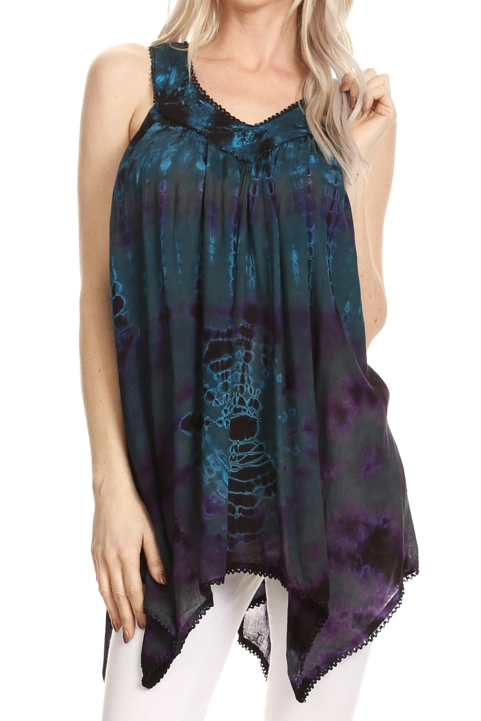 Sakkas Nalu Sleeveless Relaxed Fit Multi Color Tie Dye V-Neck Blouse | Cover Up