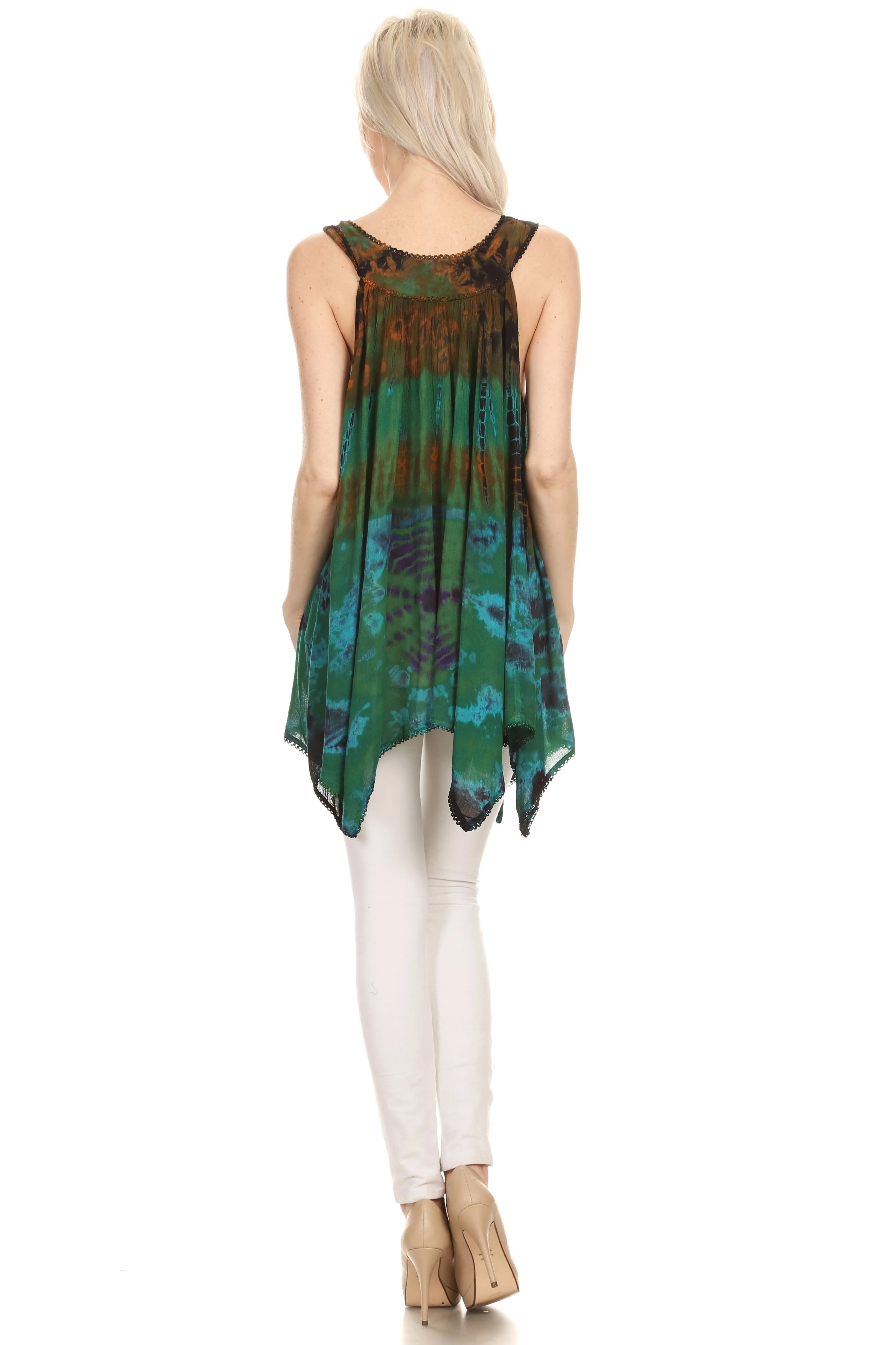 Sakkas Nalu Sleeveless Relaxed Fit Multi Color Tie Dye V-Neck Blouse | Cover Up