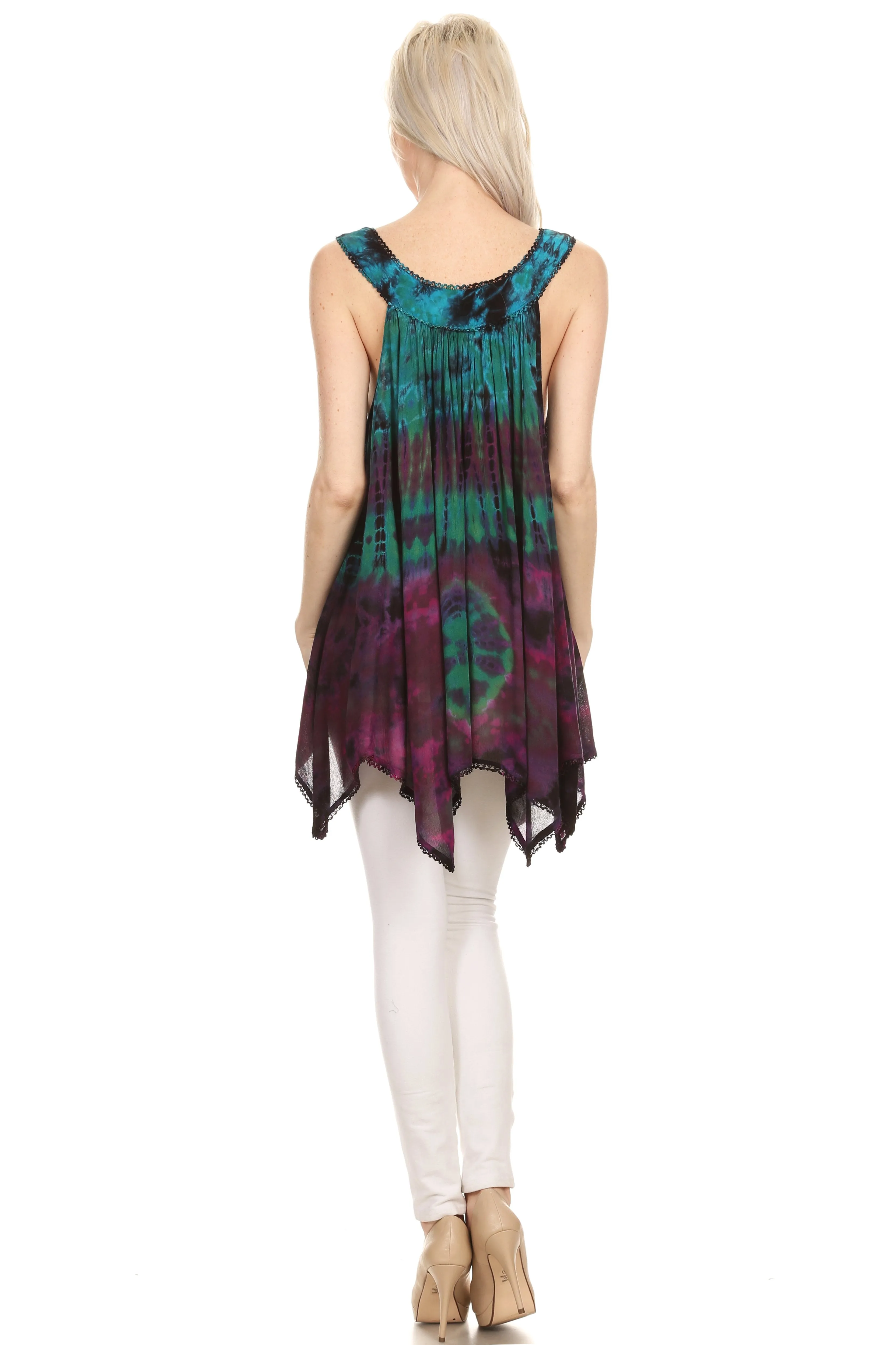 Sakkas Nalu Sleeveless Relaxed Fit Multi Color Tie Dye V-Neck Blouse | Cover Up