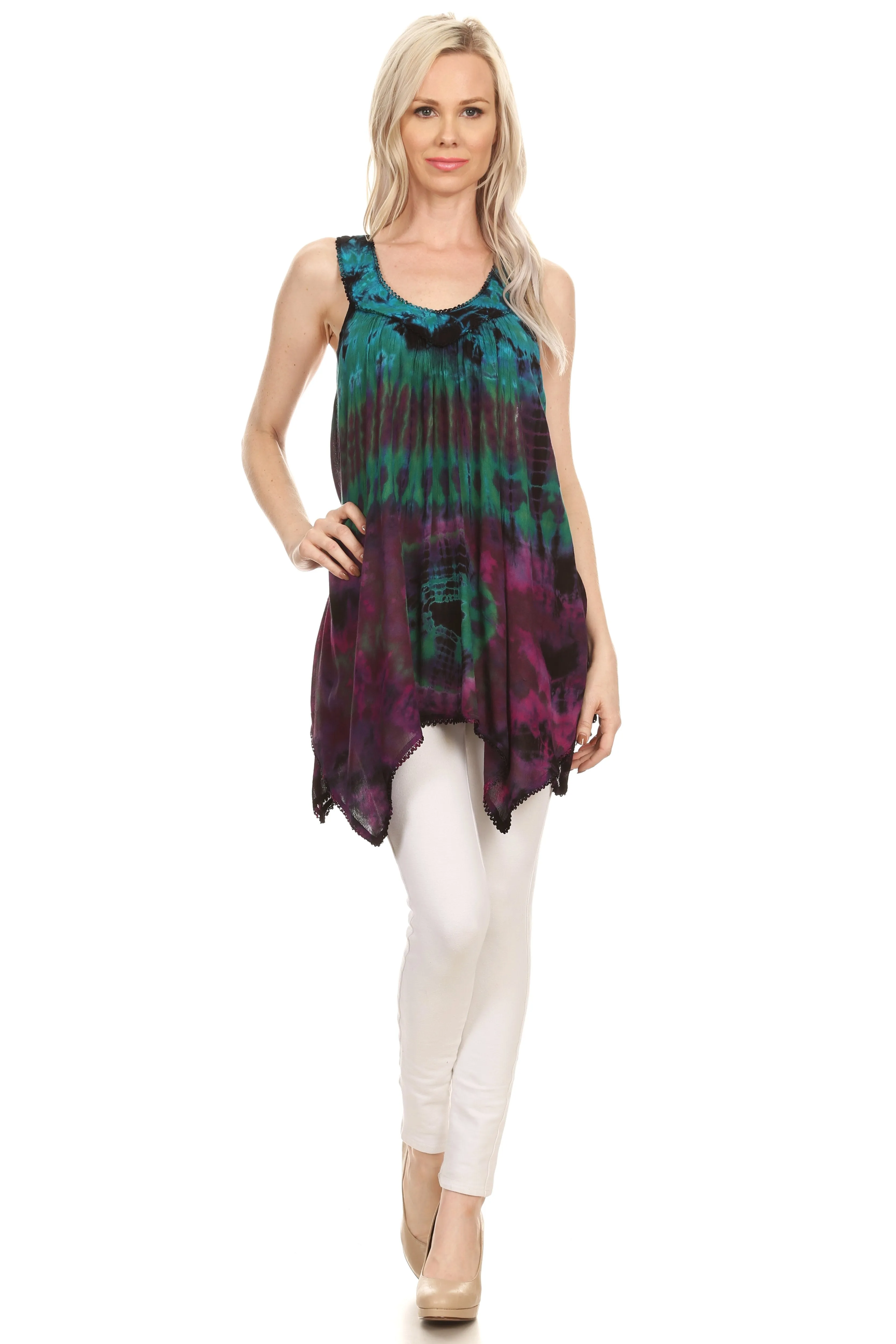 Sakkas Nalu Sleeveless Relaxed Fit Multi Color Tie Dye V-Neck Blouse | Cover Up