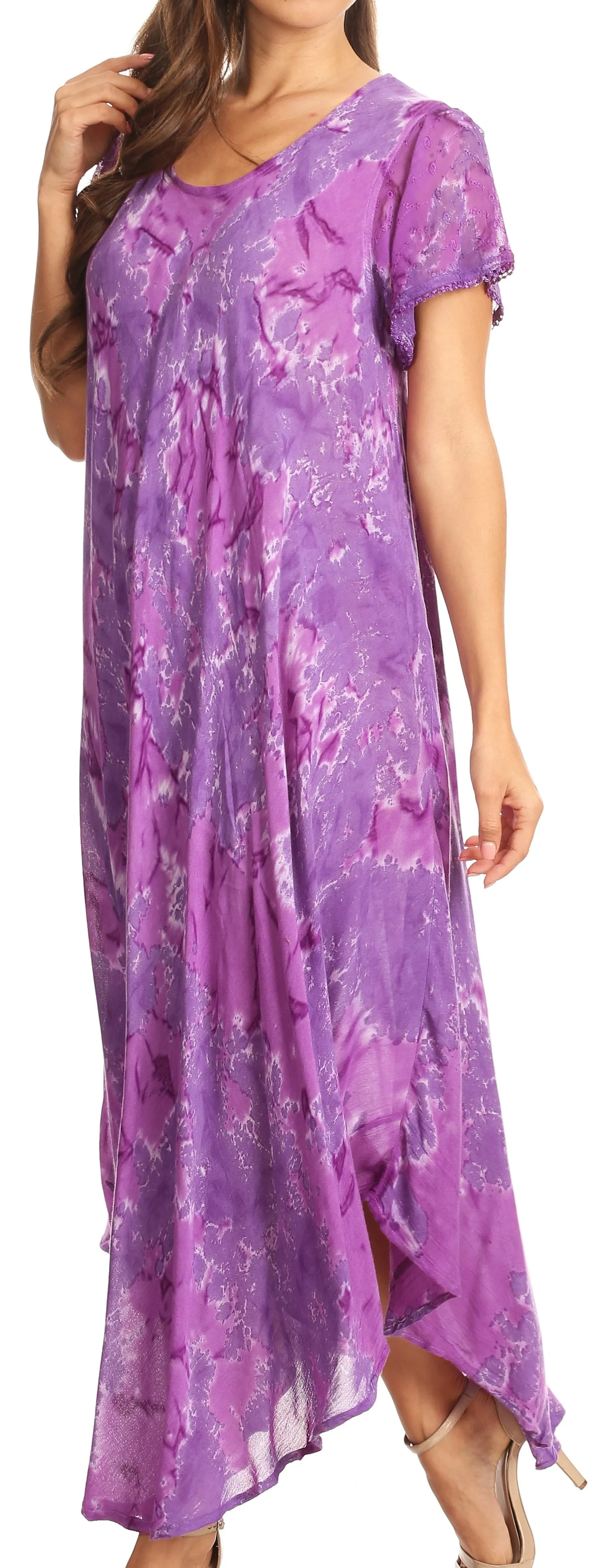 Sakkas Sayli Long Tie Dye Cap Sleeve Embroidered Wide Neck Caftan Dress / Cover Up