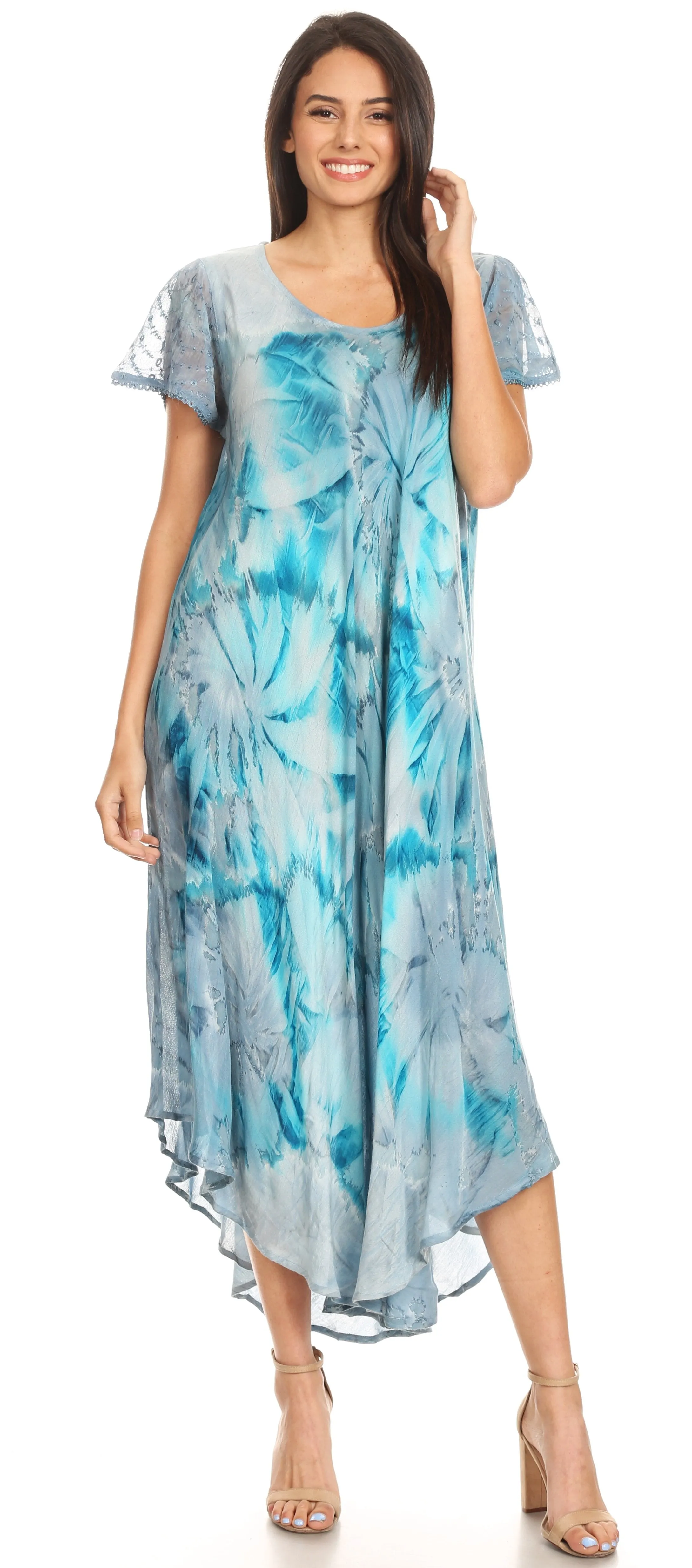 Sakkas Sayli Long Tie Dye Cap Sleeve Embroidered Wide Neck Caftan Dress / Cover Up