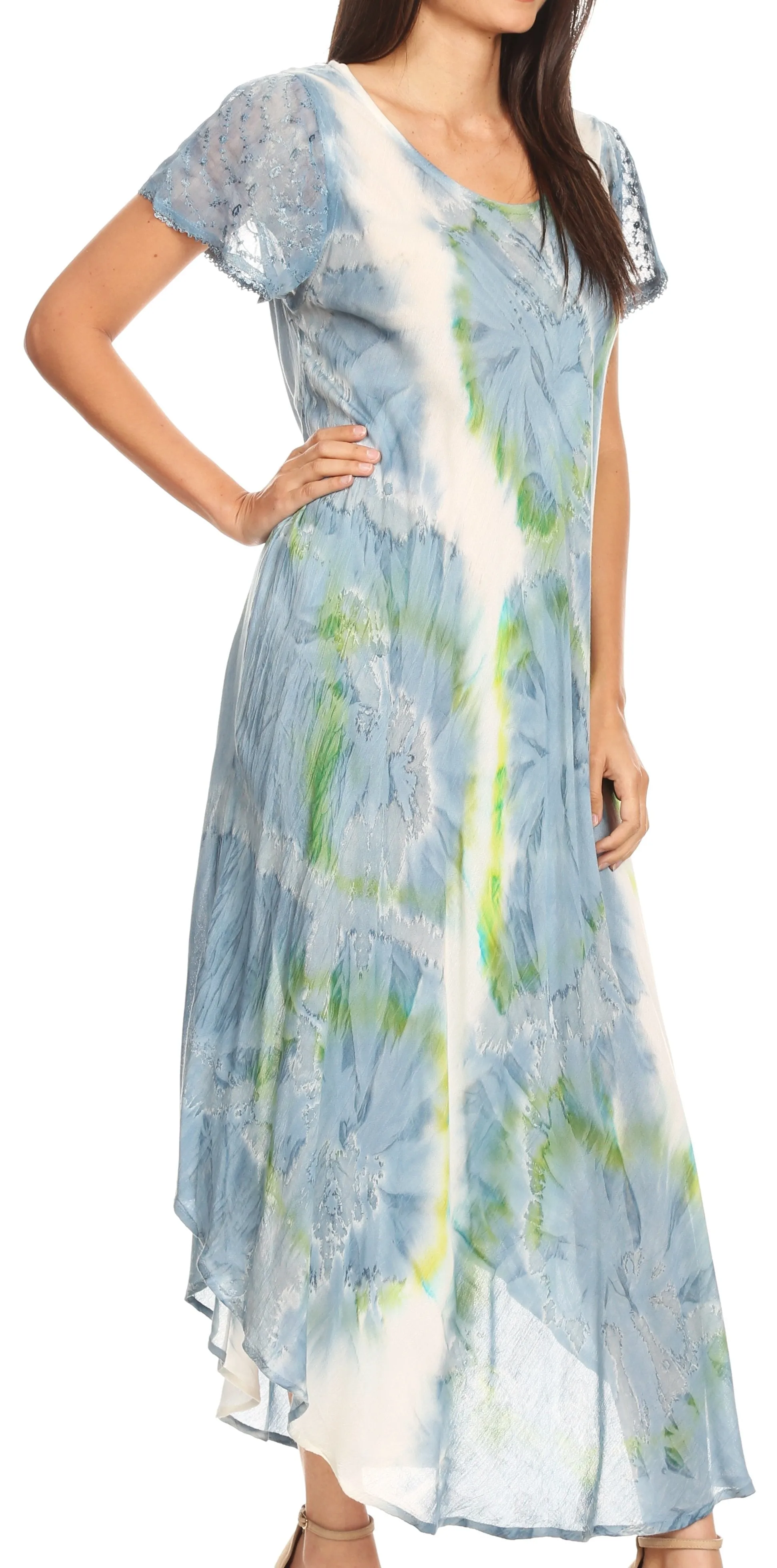 Sakkas Sayli Long Tie Dye Cap Sleeve Embroidered Wide Neck Caftan Dress / Cover Up