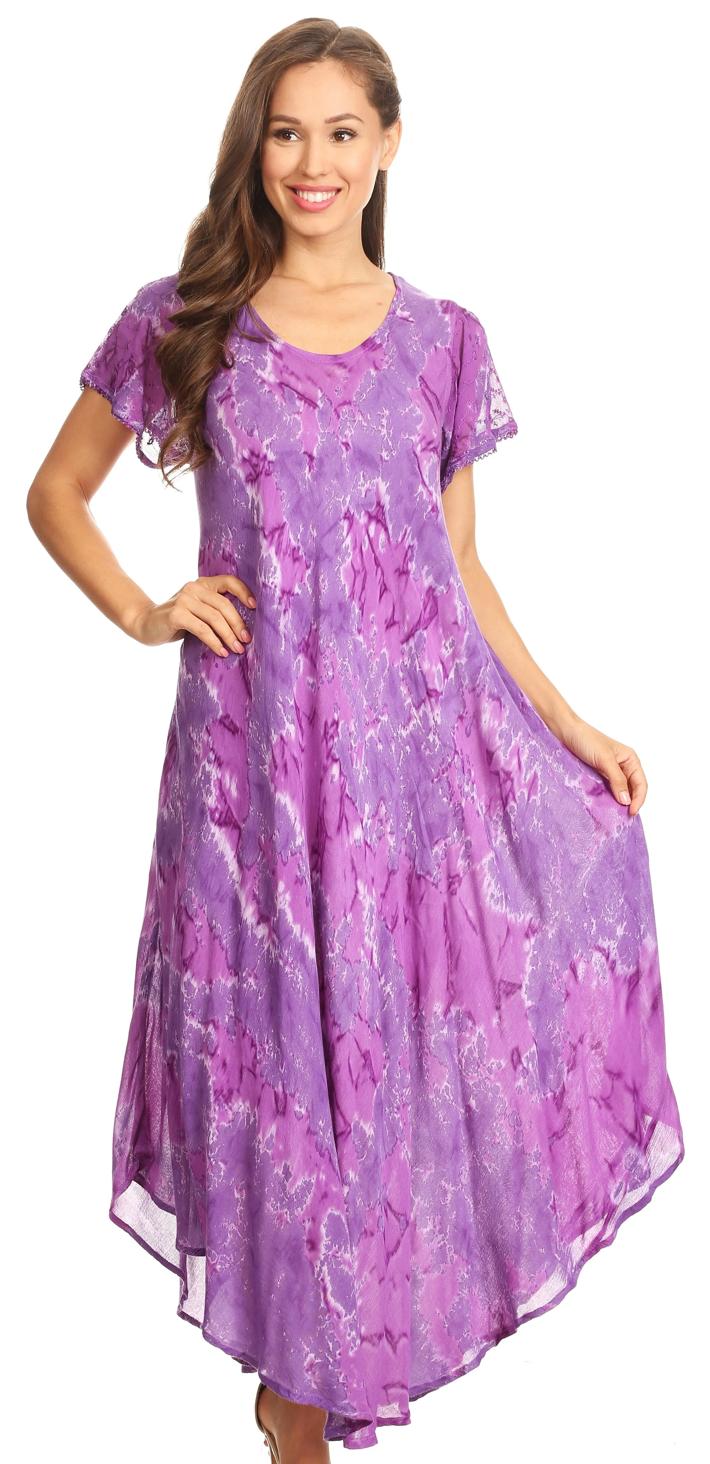 Sakkas Sayli Long Tie Dye Cap Sleeve Embroidered Wide Neck Caftan Dress / Cover Up