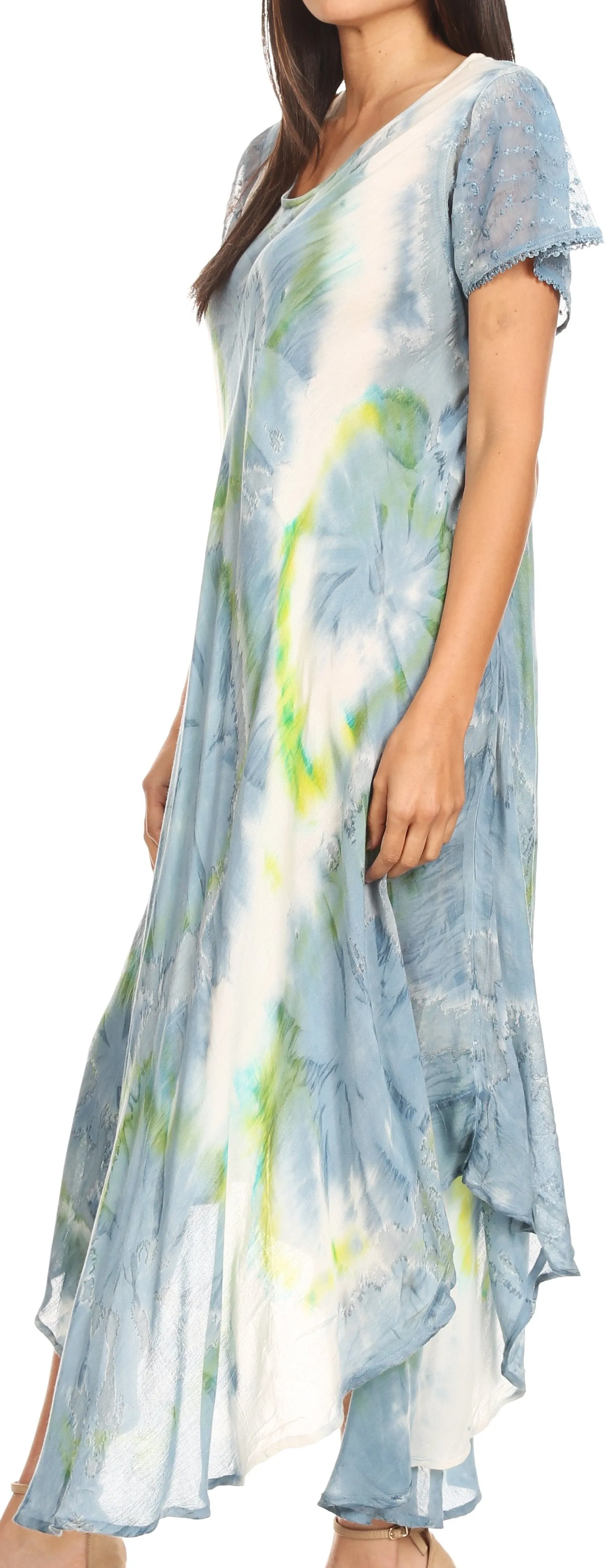 Sakkas Sayli Long Tie Dye Cap Sleeve Embroidered Wide Neck Caftan Dress / Cover Up