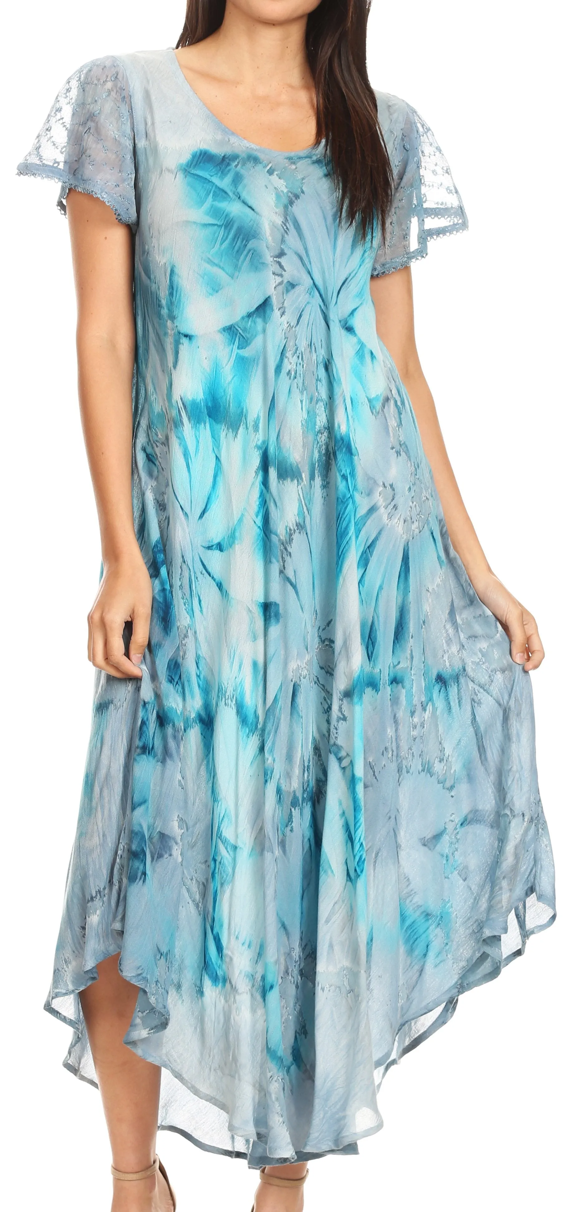 Sakkas Sayli Long Tie Dye Cap Sleeve Embroidered Wide Neck Caftan Dress / Cover Up