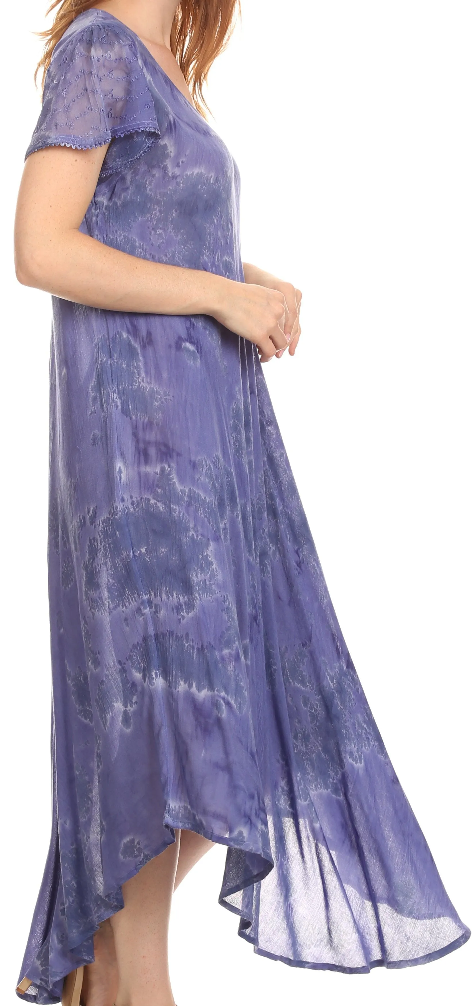 Sakkas Sayli Long Tie Dye Cap Sleeve Embroidered Wide Neck Caftan Dress / Cover Up