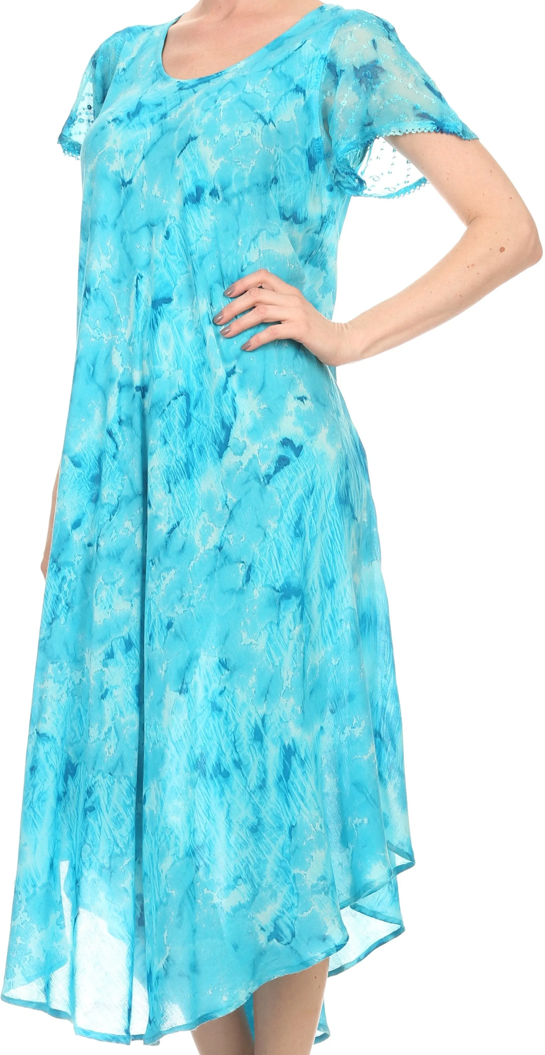 Sakkas Sayli Long Tie Dye Cap Sleeve Embroidered Wide Neck Caftan Dress / Cover Up