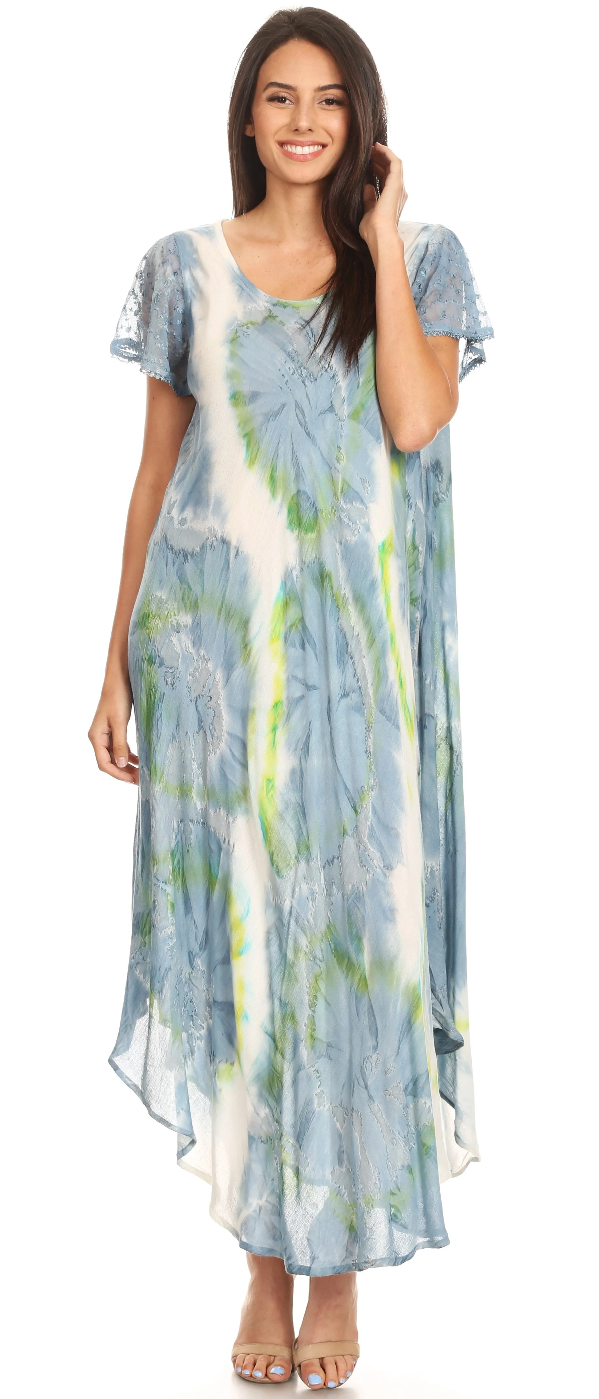 Sakkas Sayli Long Tie Dye Cap Sleeve Embroidered Wide Neck Caftan Dress / Cover Up