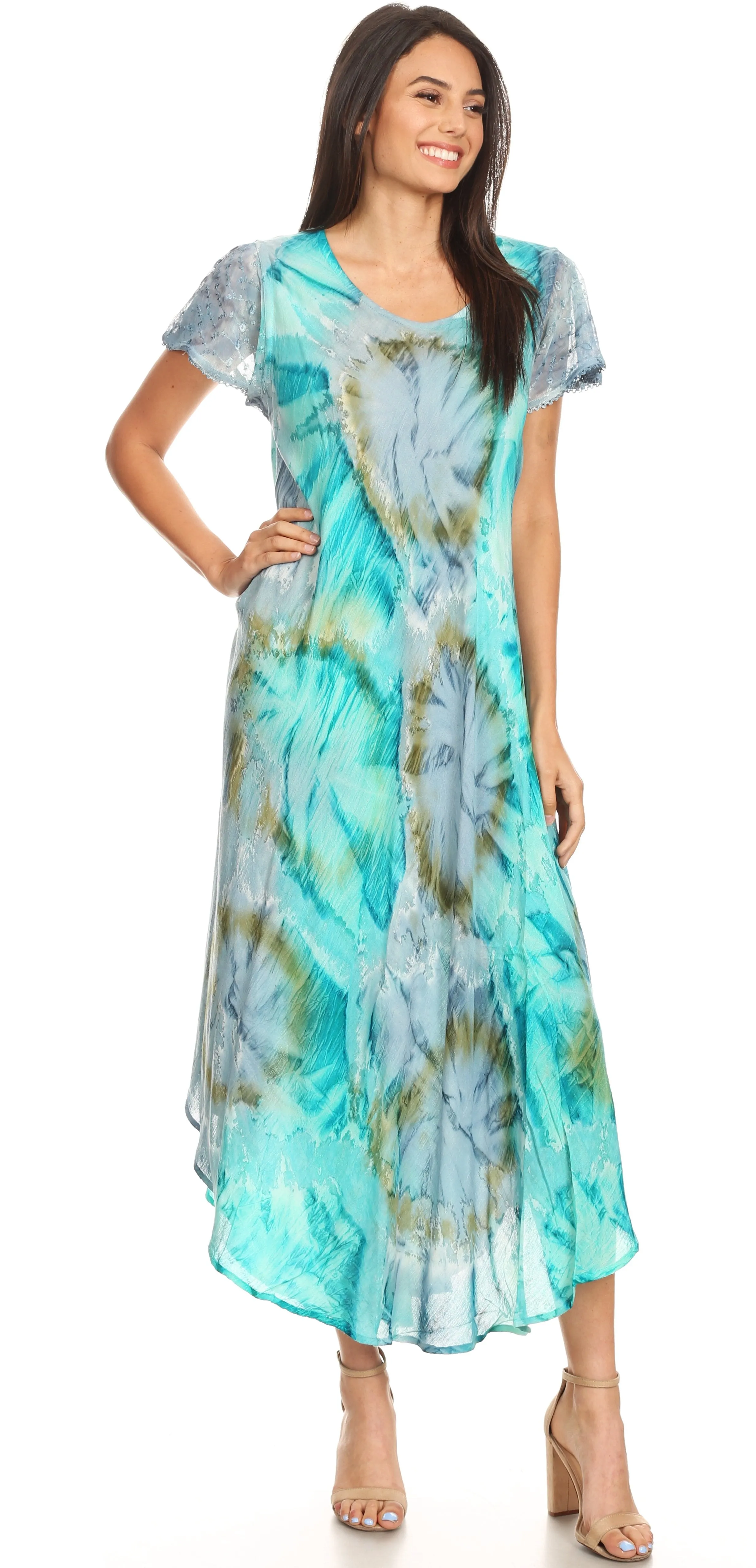 Sakkas Sayli Long Tie Dye Cap Sleeve Embroidered Wide Neck Caftan Dress / Cover Up