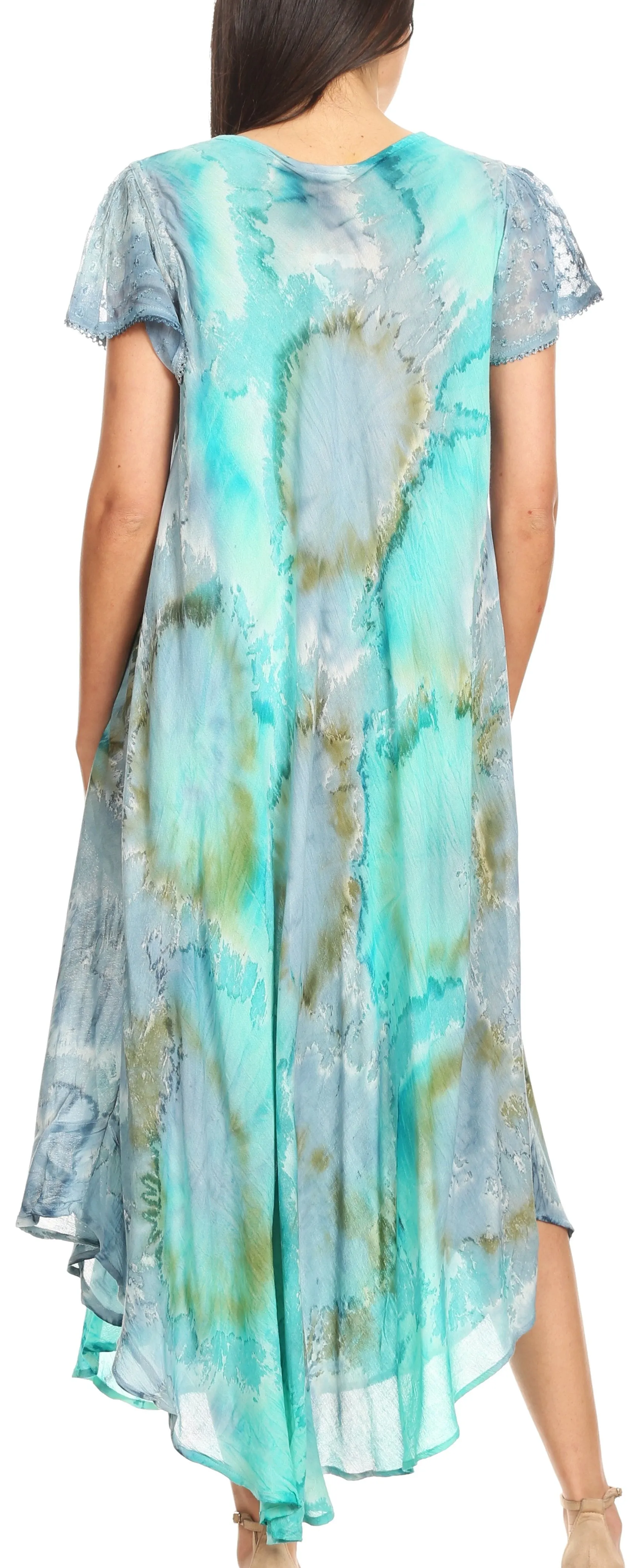 Sakkas Sayli Long Tie Dye Cap Sleeve Embroidered Wide Neck Caftan Dress / Cover Up