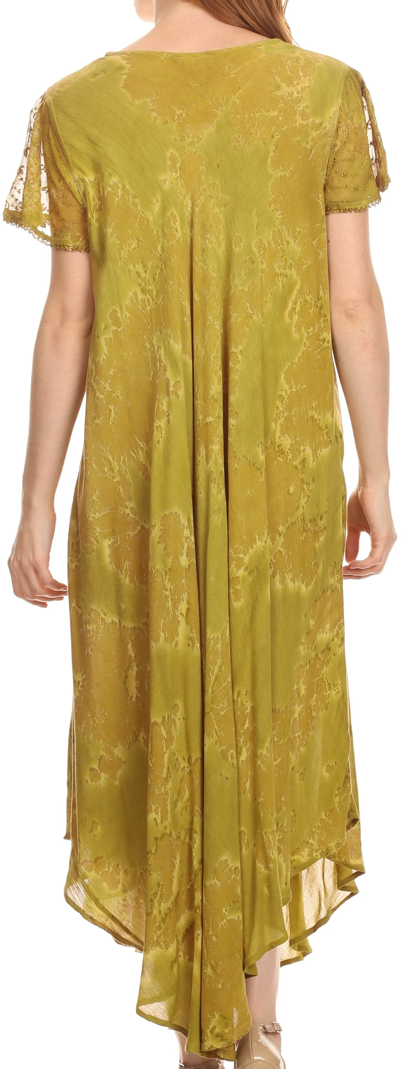 Sakkas Sayli Long Tie Dye Cap Sleeve Embroidered Wide Neck Caftan Dress / Cover Up