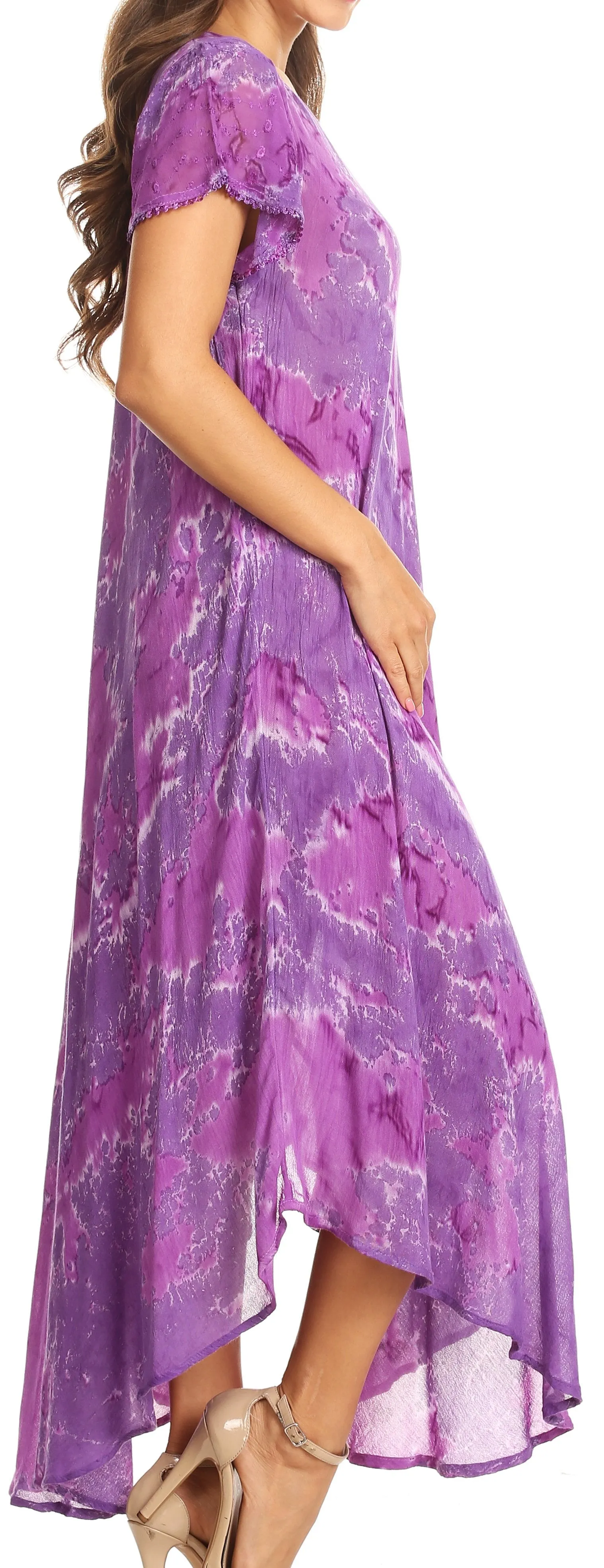 Sakkas Sayli Long Tie Dye Cap Sleeve Embroidered Wide Neck Caftan Dress / Cover Up