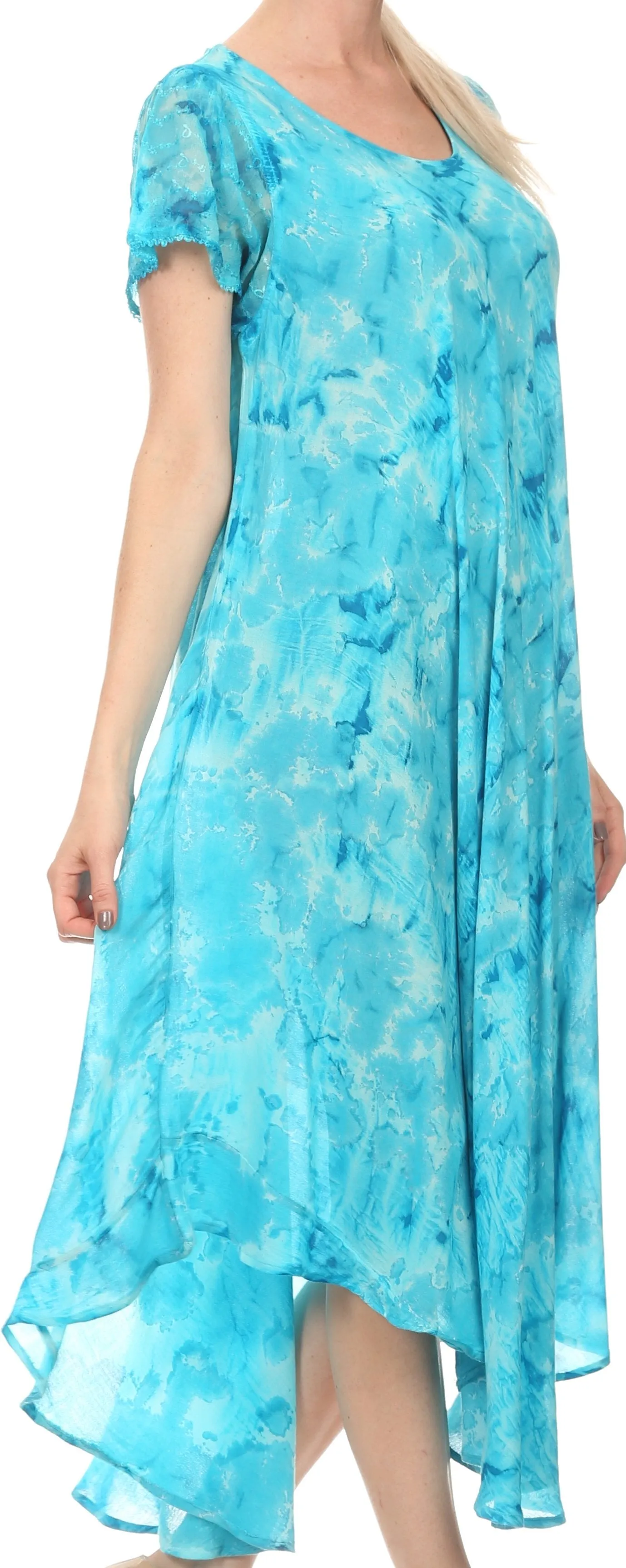 Sakkas Sayli Long Tie Dye Cap Sleeve Embroidered Wide Neck Caftan Dress / Cover Up