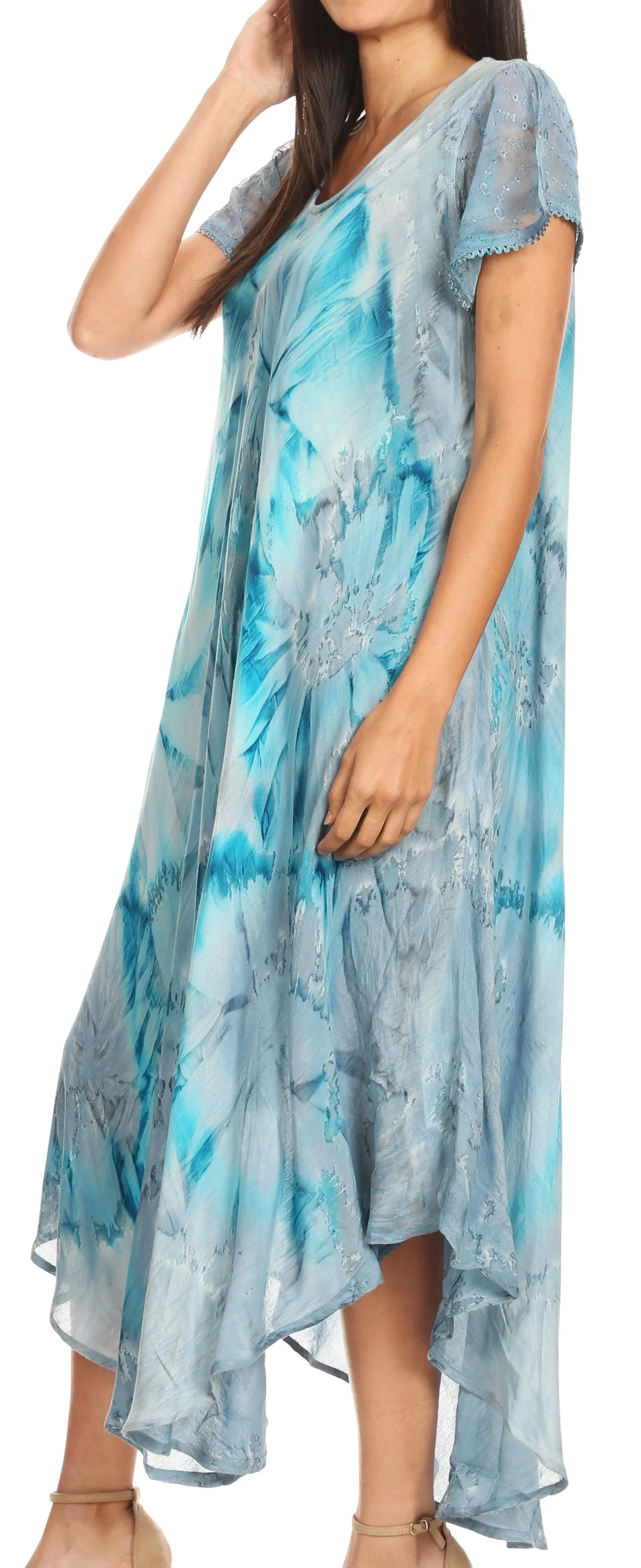 Sakkas Sayli Long Tie Dye Cap Sleeve Embroidered Wide Neck Caftan Dress / Cover Up